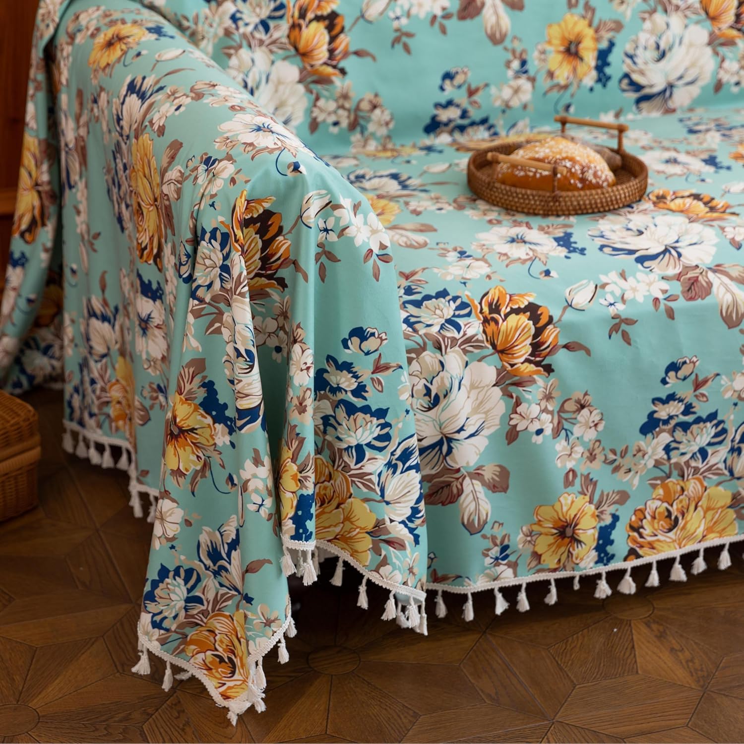 Boho Couch Cover with Tassels, Washable 2-Seater Sectional Sofa Cover for Living Room (Floral Pattern, 71"x102")