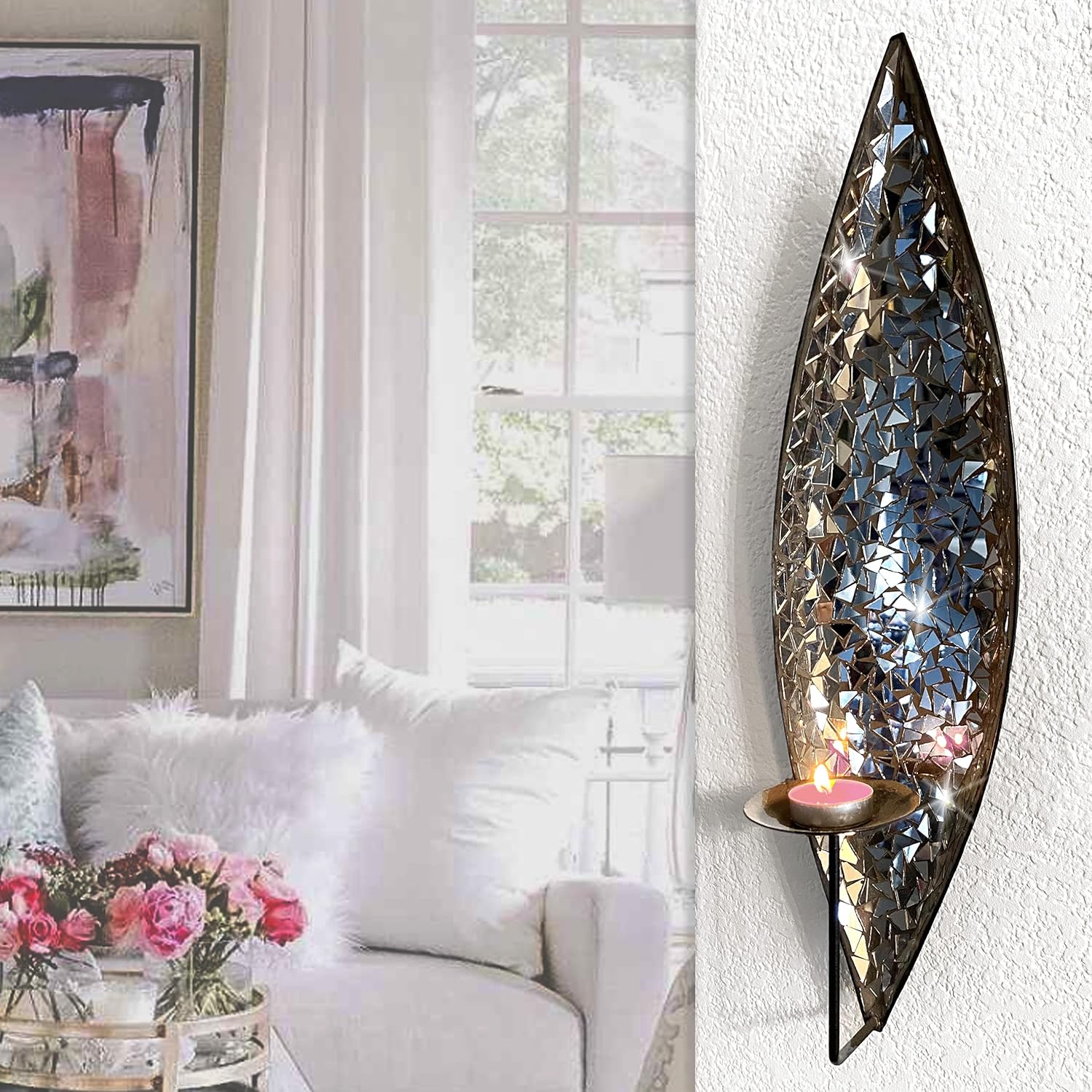 Bella Palacio” Mirrored Glass Mosaic & Metal Wall Mounted Decorative Candle Holder Wall Sconce, Set of 2 Large Size 18 in. Light Weight Wall Décor
