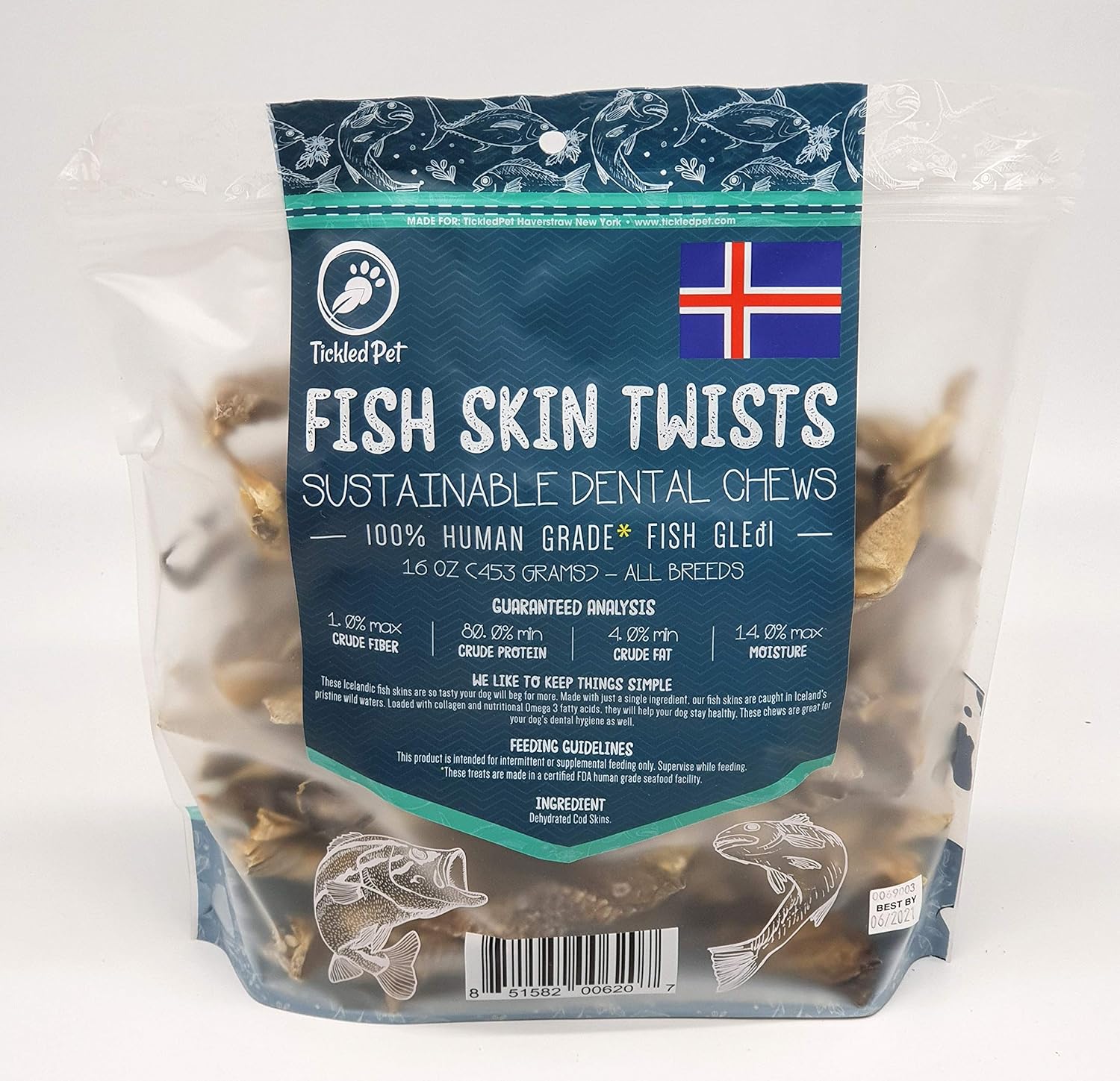 TickledPet Icelandic Cod Fish Skin Dog Treats - Wild Caught Single Ingredient Human Grade Grain Free Chews (16 oz)