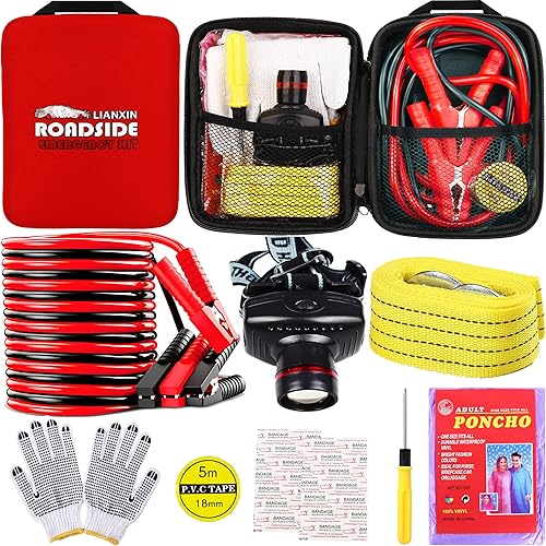 Miniatura 11 de Kit de emergencia en carretera para auto, con cables de puente, kit automotriz, kit de asistencia de seguridad en carretera con farol, correas