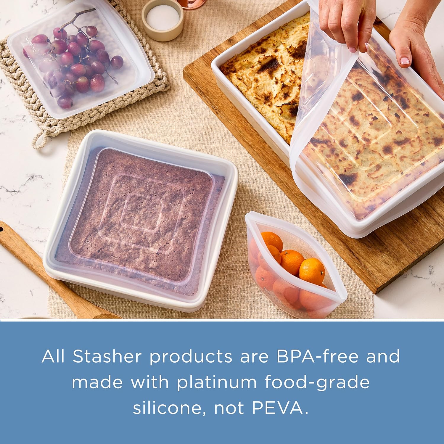 Stasher Reusable Silicone Stretch Lid for Casseroles, Pans, Baking Dishes–Rectangle Replacement Lid, 9”x13”, Stretchable, Leak-Free, Microwave Safe, Dishwasher Safe, Food Cover, Eco-Friendly, Clear