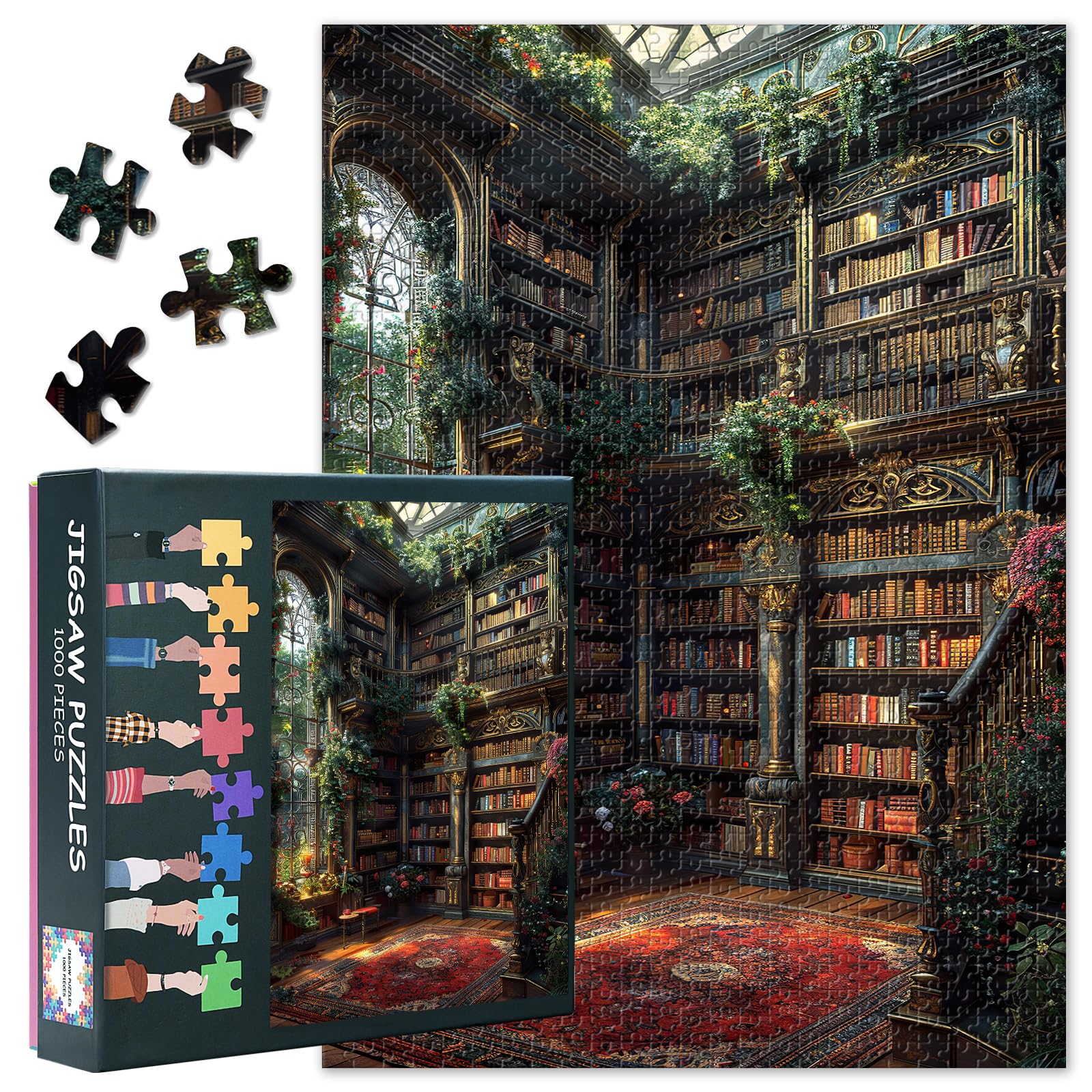 Enchanted Library Challenging 1000-Piece Puzzle – A Grand Interior with Bookshelves and Plants Puzzle | 50x70cm Large Format, Rich Color Depth & Detail