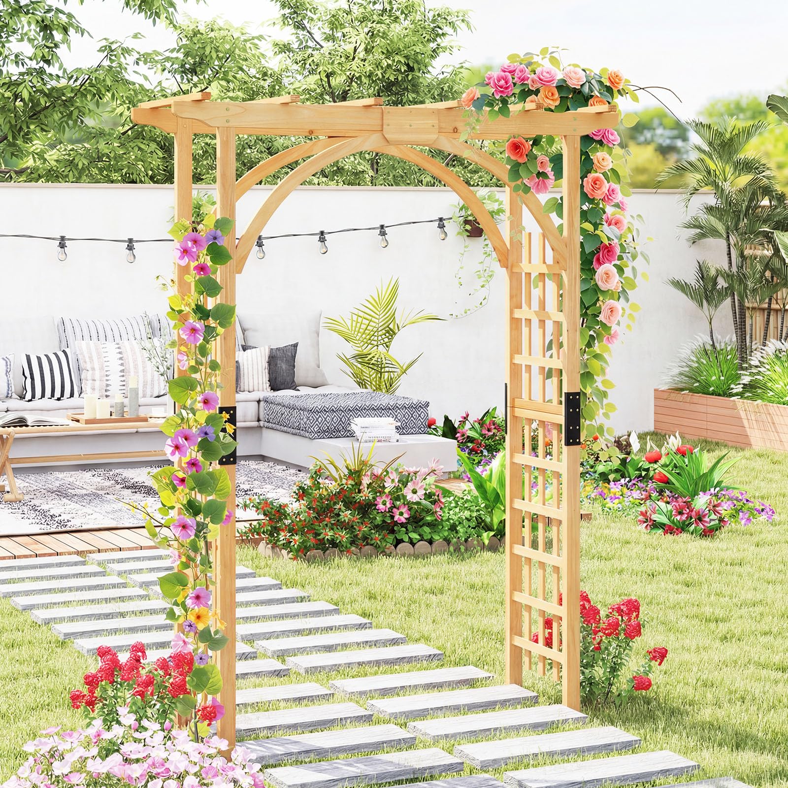 FANTASK Gartenbogen Holz, 160 x 60 x 213 cm, Rosenbogen mit Dach für Kletterpflanzen & hängende Körbe, Rankbogen Tannenholz, Rankgitter für Garten, Hochzeit, Party (Natur)