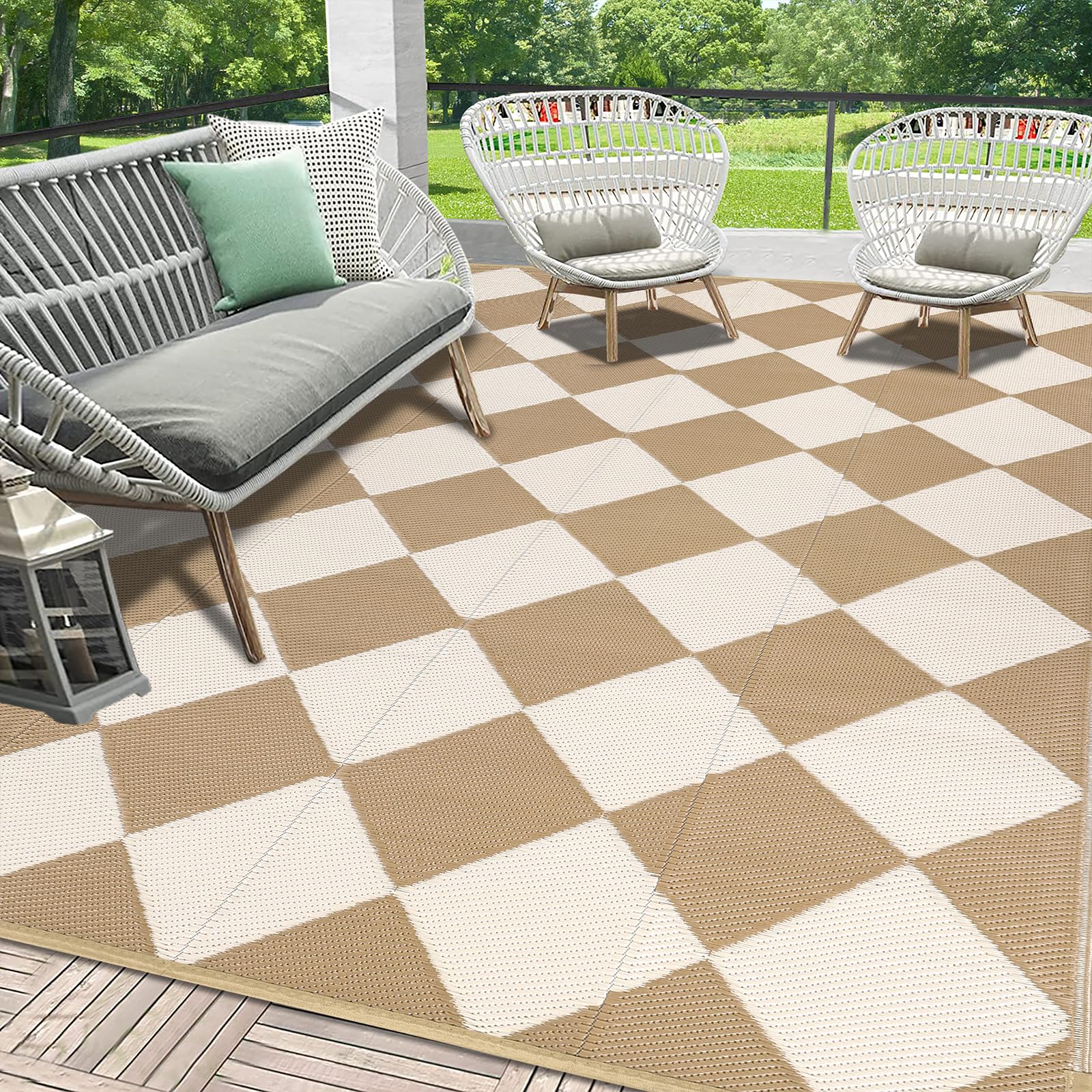 HEBE Outdoor Rug Waterproof 9x12, Reversible Plastic Straw Rug RV Camping Rug, Indoor Outdoor Patio Mat Clearance, Outside Carpet for Porch,Deck,Camper,Balcony,Backyard,Picnic
