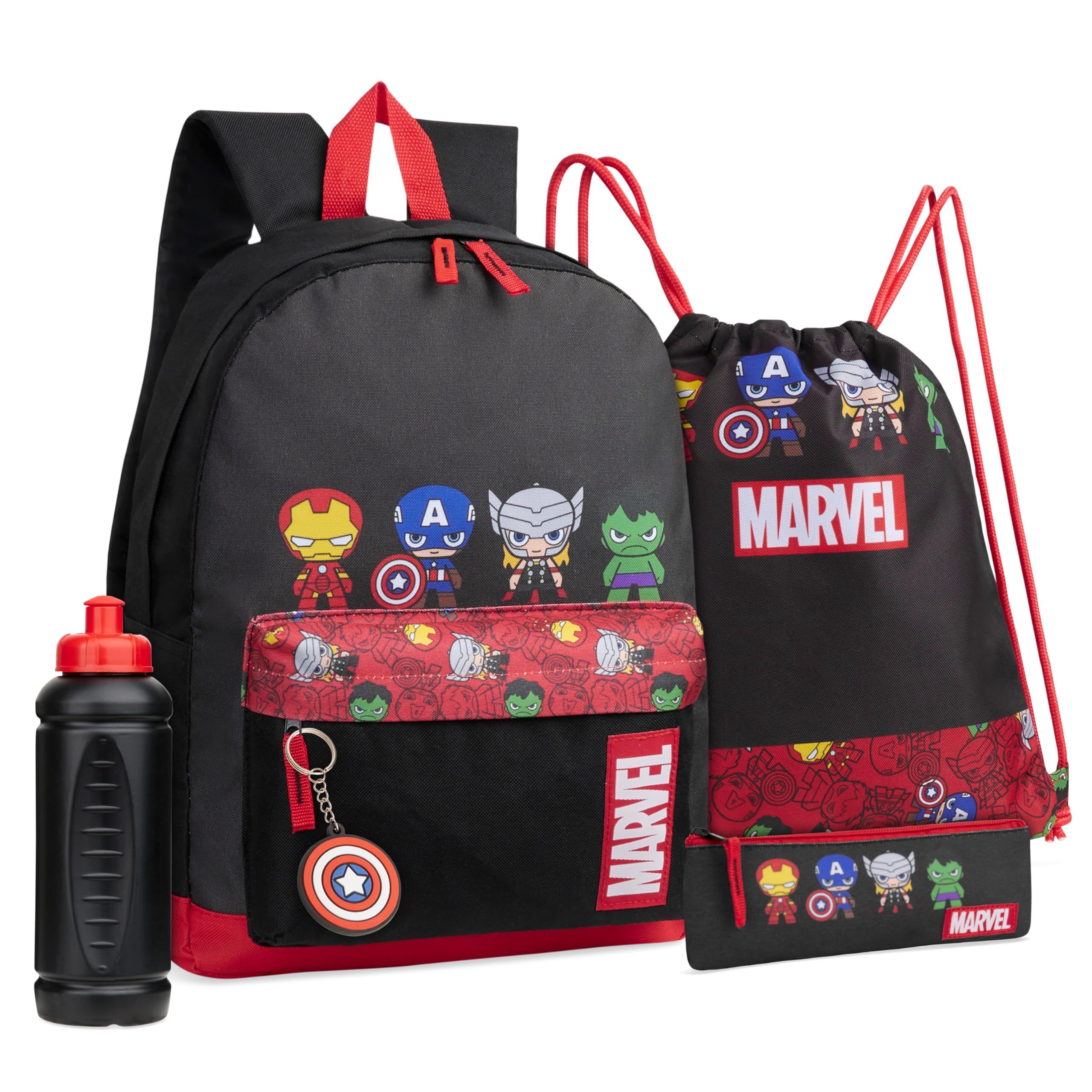 Marvel Set 5 Piezas Mochila, Bolsa, Estuche, Botella y Llavero para Niños (Negro/Rojo Avengers)
