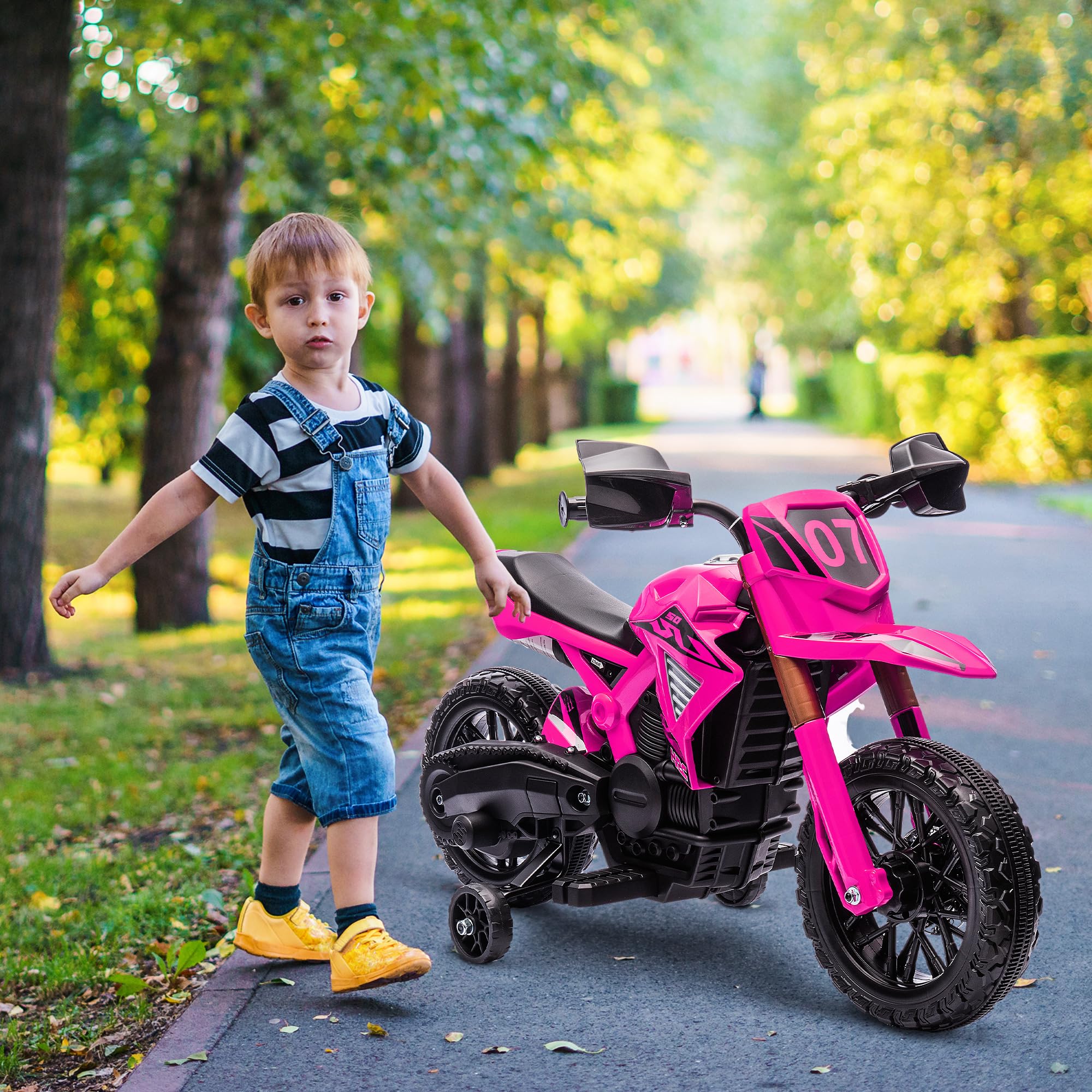 AIYAPLAY Moto électrique Enfants 6V 2 Moteurs avec klaxon Roues d'entraînement 3-8 Ans 30KG Rose
