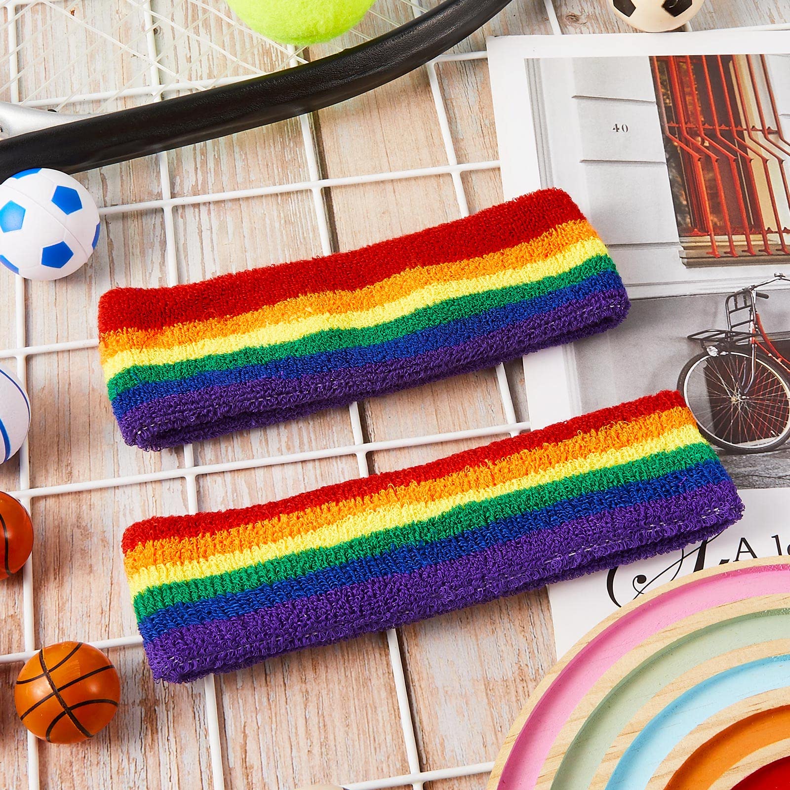 Wavyknot 40 Pcs Rainbow Headbands Rainbow Pride Sweatbands Sport Colorful Head Terry Cloth Cotton Unisex Sweatband Stretchy Striped Rainbow Headband for Men Women Athletic Working out Outdoor Exercise
