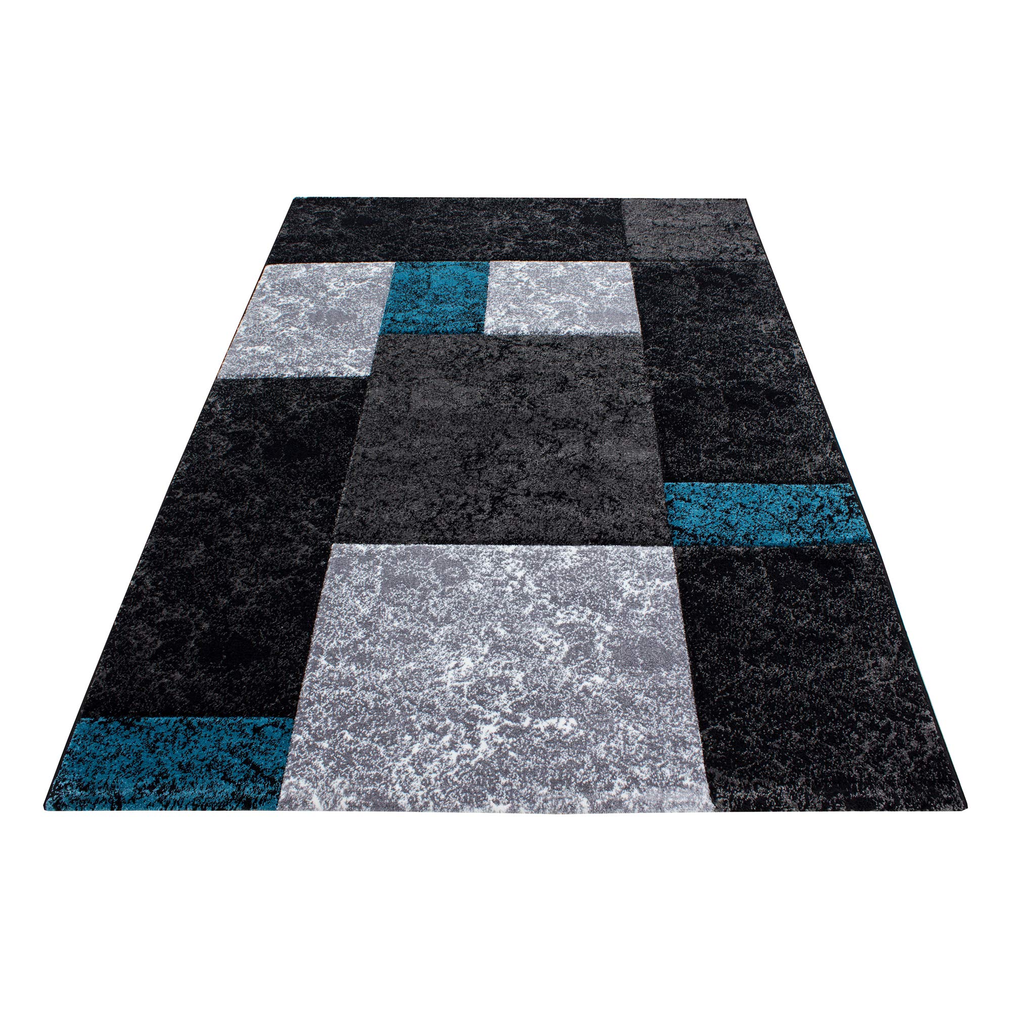 HomebyHome Teppich 120x170 cm Kurzflor Konturenschnitt in Schwarz Grau Blau Kariertes Design, Extra Weich, Waschbar, Pflegeleicht Für Wohnzimmer, Schlafzimmer, Esszimmer
