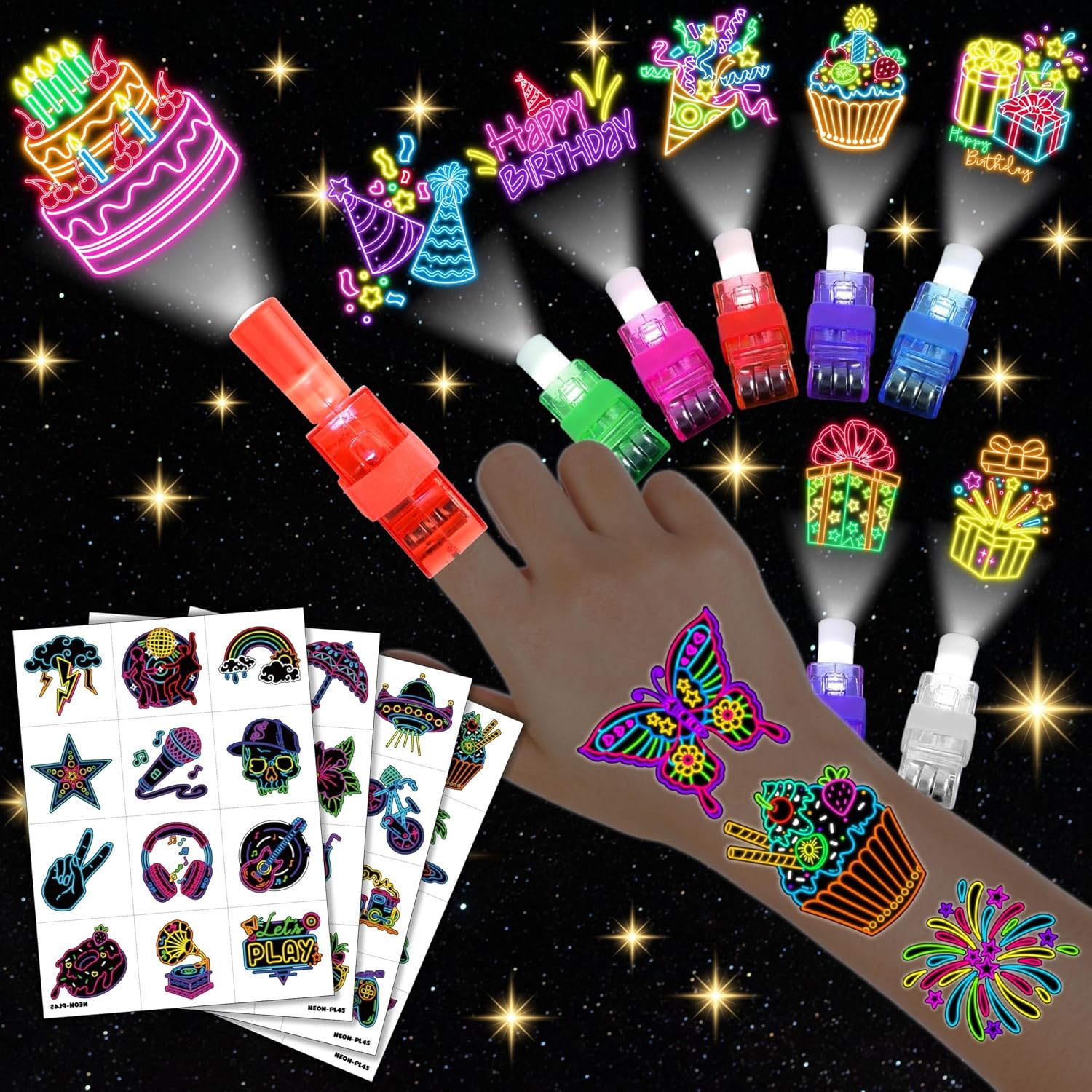 72 PCS Neon Party Favors Set – 48 Tattoos & 24 LED Finger Lights