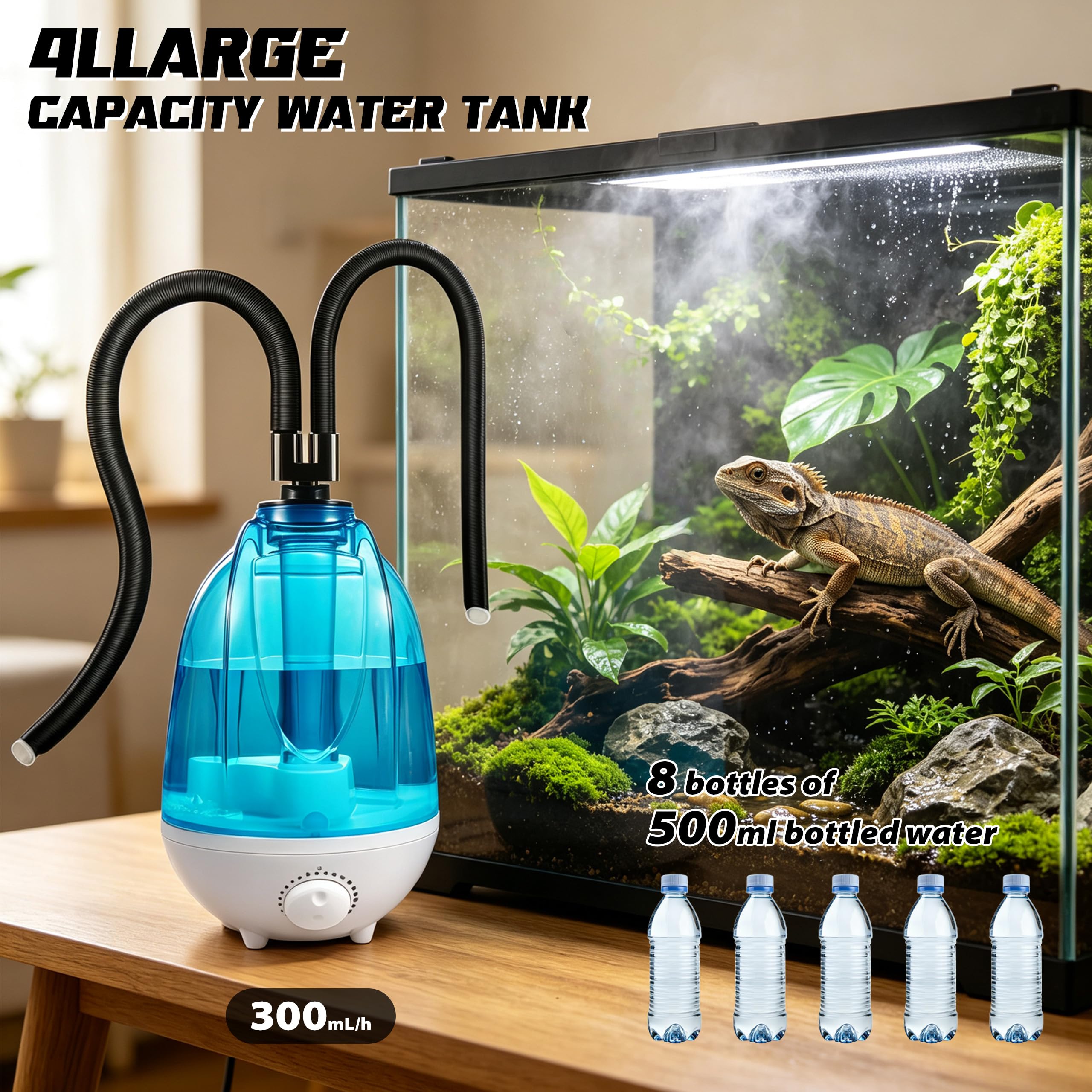 Reptile Terrarien-Luftbefeuchter 4L, 300 ml/h Nebelgerät mit 7-farbiger Nachtbeleuchtung, verstellbarem Schlauch & leiser Fogger-Vaporizer-Funktion für Reptilien