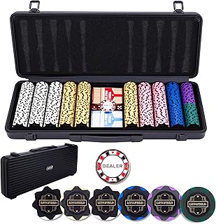 Engelhart - 320960 – Poker-Set – Koffer aus schwarzem Metall – 500 Chips 14 g ohne Nummer + 2 Kartenspiele, 1 Croupier-Knopf, 5 Würfel