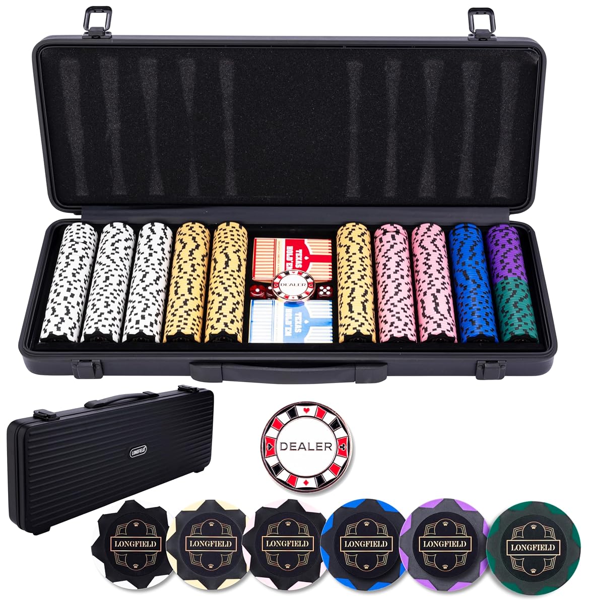 Engelhart – 320960 – Poker Set – czarna walizka – 500 żetonów 14g bez numerów – 2 talie – 1 przycisk – 5 kostek – gra