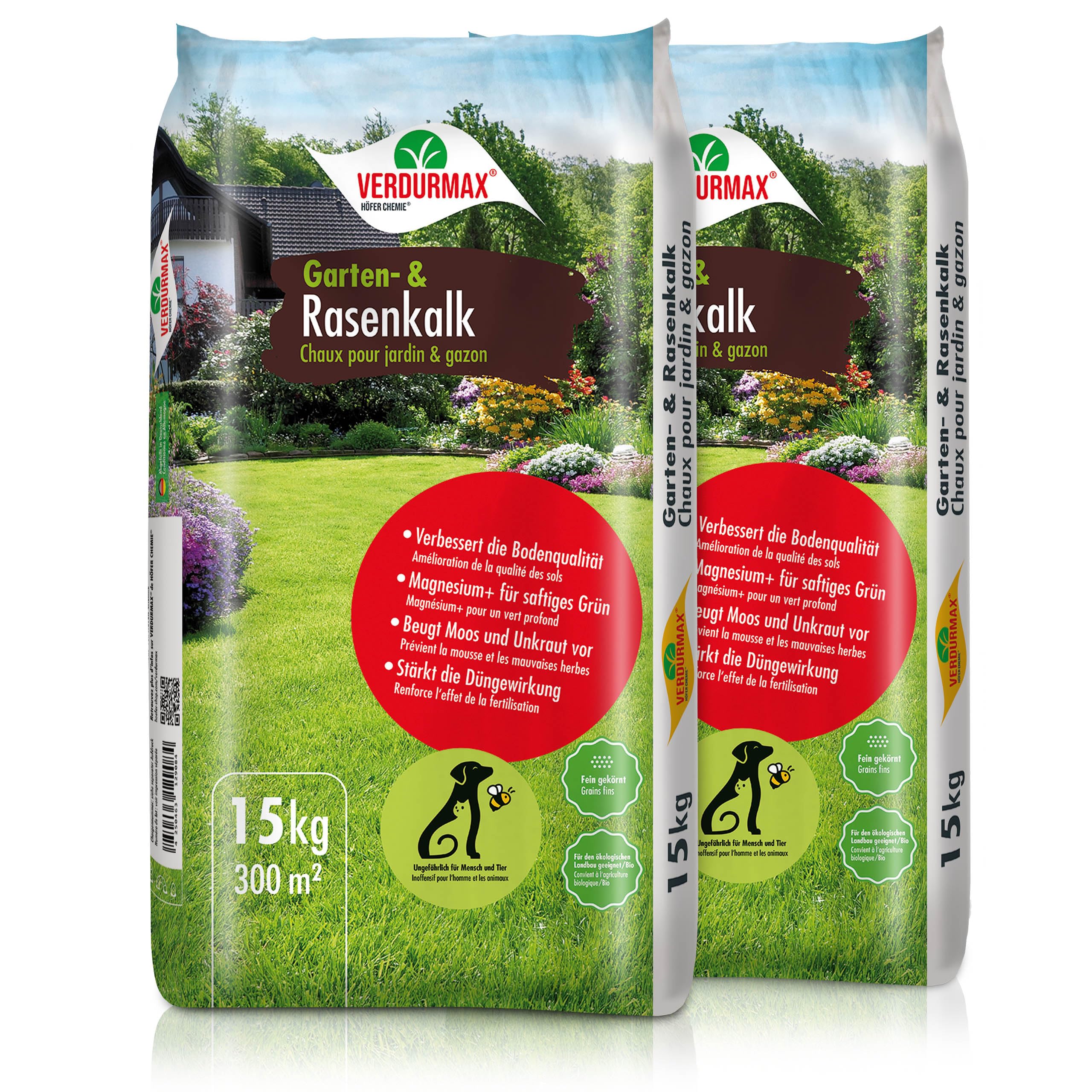 Verdurmax 2 x 15 kg Garten- und Rasenkalk - Moos & Unkraut entfernen - pH-Wert Optimierung - Kalkdünger mit Magnesium für sattes Grün - Verbessert Nährstoffaufnahme von Gras und Pflanzen