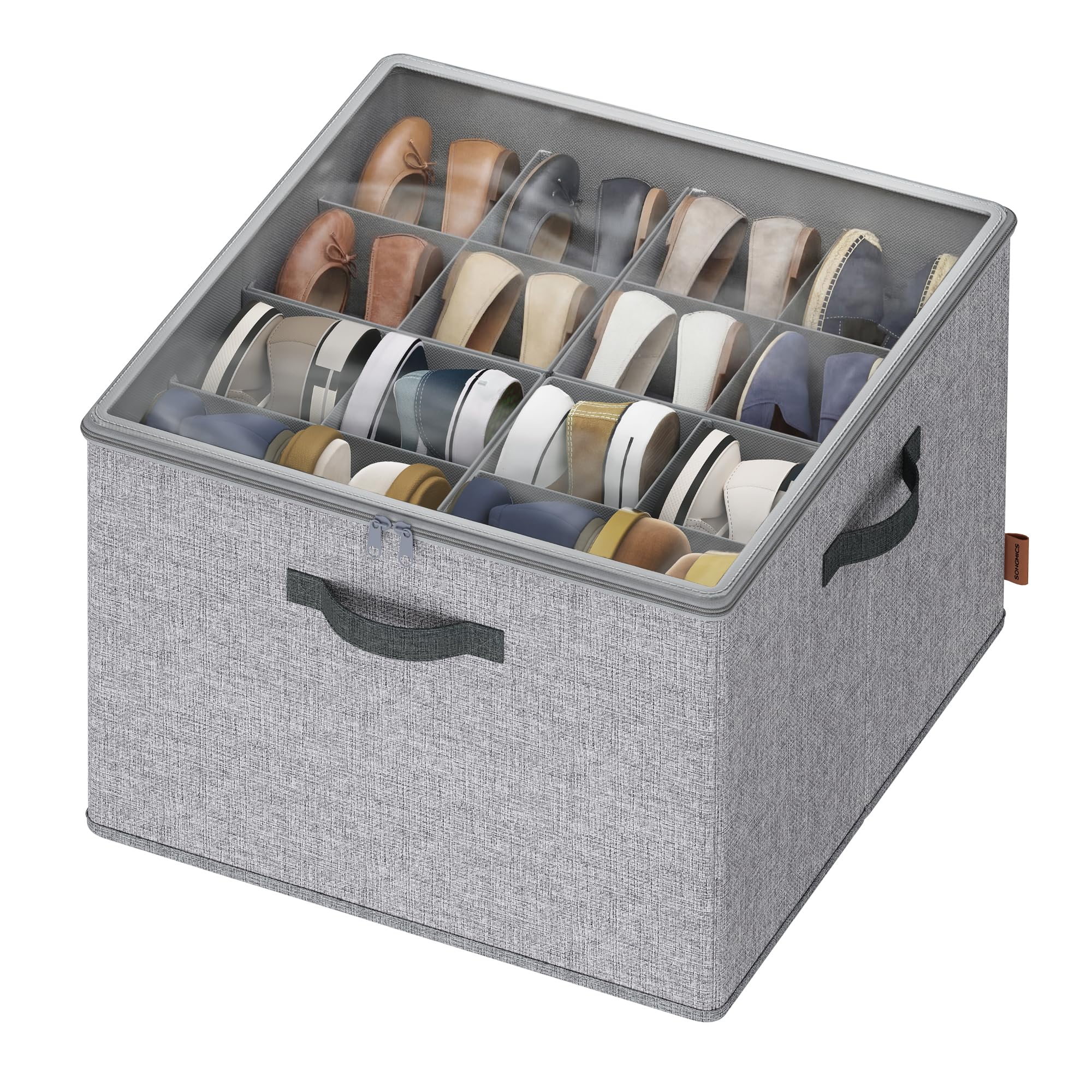SONGMICS Shoe Organiser for up to 16 Pairs, Space-Saving Shoe Storage, Adjustable Dividers, Stackable, Transparent Lid, for Closet, Dove Grey LSP621GD01