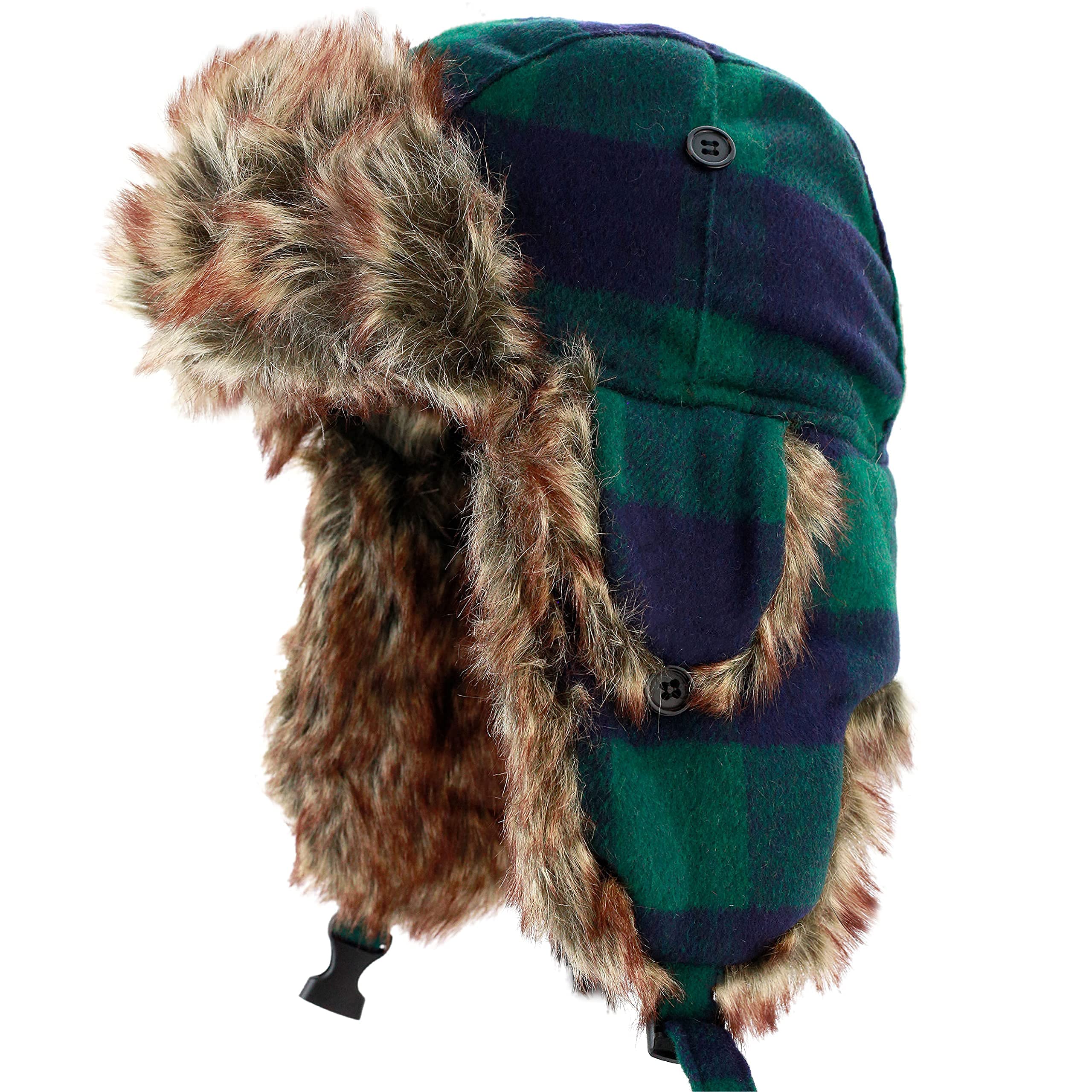Faux Fur Safety Reflective Plain Plaid Aviator Trapper Hat Snow Ski Trooper Winter Cap