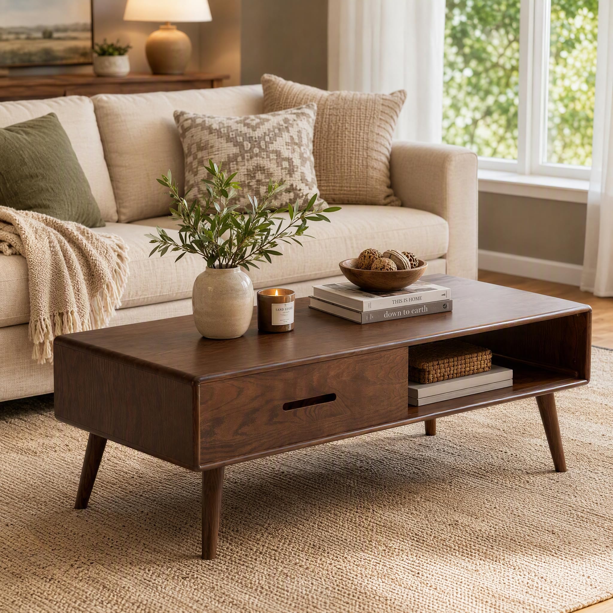 Vadisun 100 percent oak wood coffee table with drawers in walnut