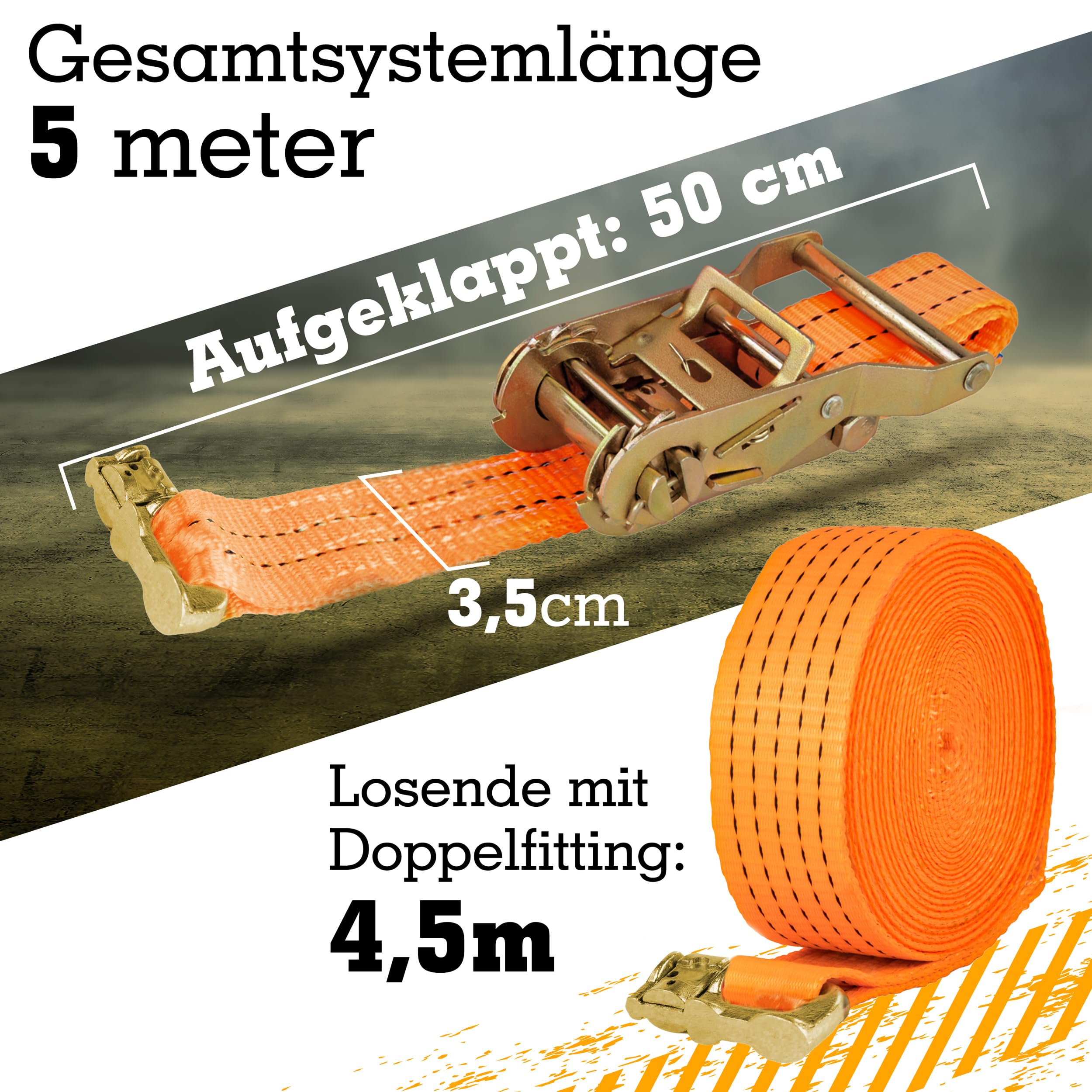 Safetytex Spanngurt Doppelfitting Airlineschiene 35mm 5m 1000kg | 2-teiliger Ratschengurt mit hoher Tragkraft für Zurrschienen, hochfeste Ladungssicherung und sicheren Transport