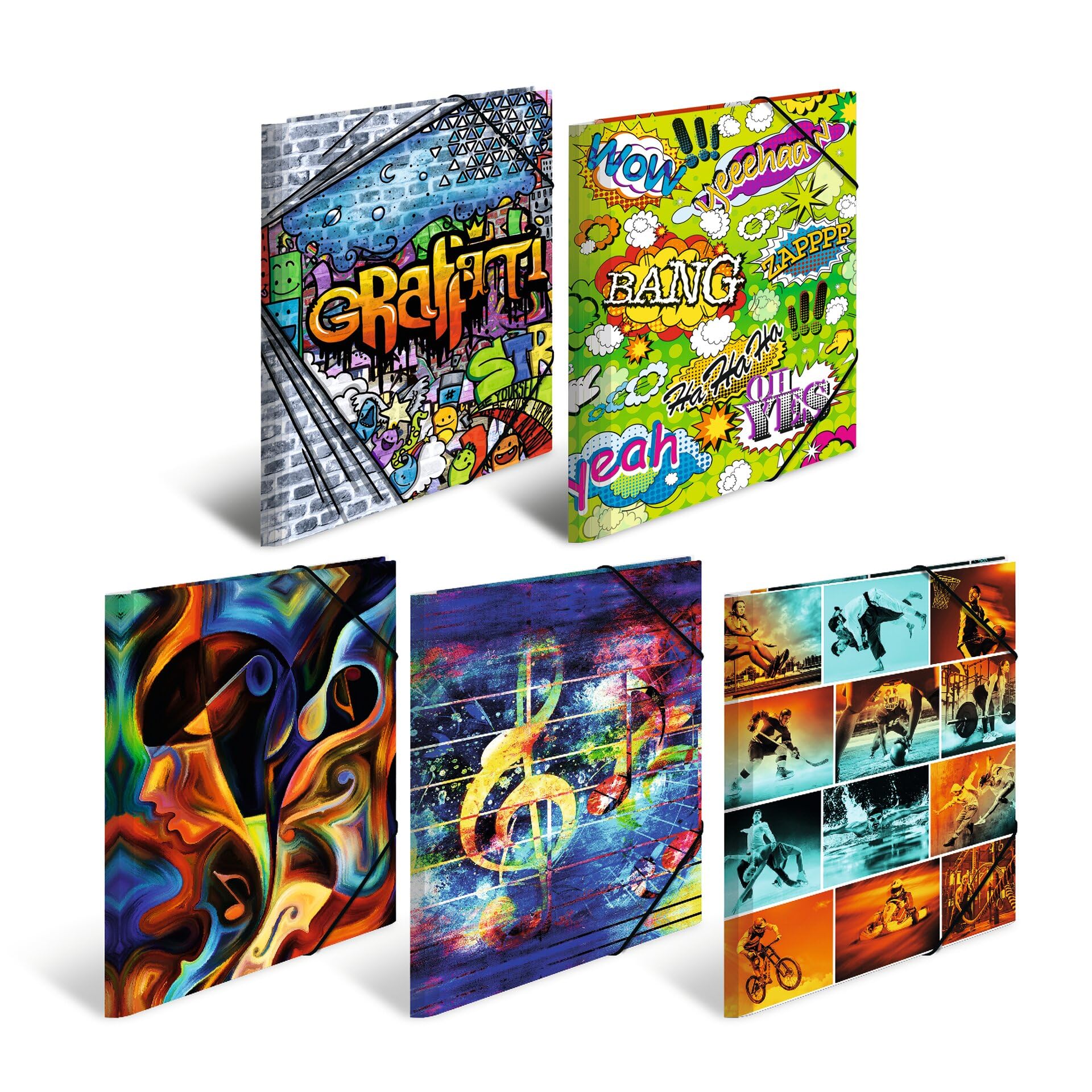 HERMA Sammelmappen A3 Design Set, 10 Stück, Kinder Eckspanner-Mappen aus Kunststoff mit Kunst Motiv, Gummizug, Innenklappen und Innendruck für Jungen und Mädchen