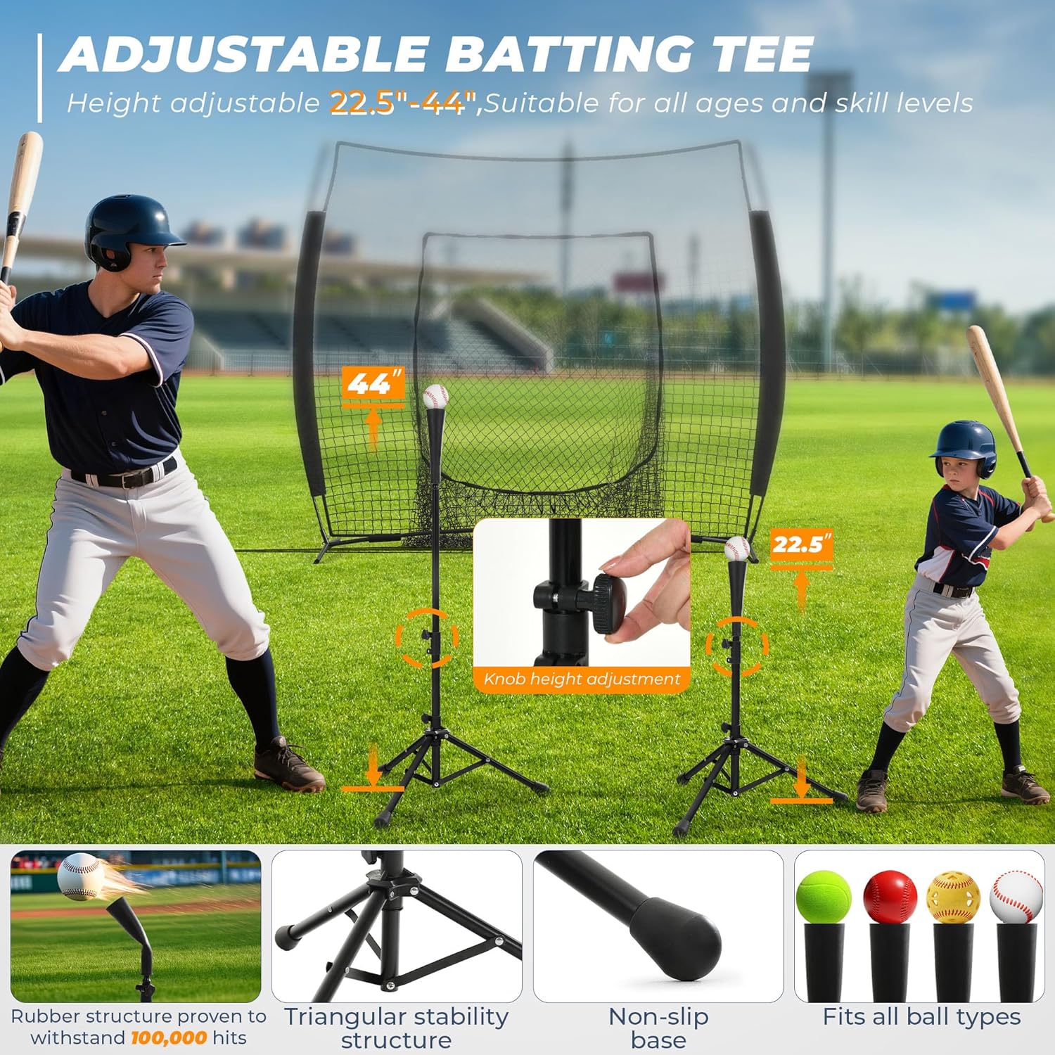 7 x 7 ft Baseball Net with Batting Tee, Baseball Softball Batting Net with Strike Zone for Practice Hitting Pitching Fielding, Quick Setup, Portable, with Carry Bag, 4 Ground Stakes