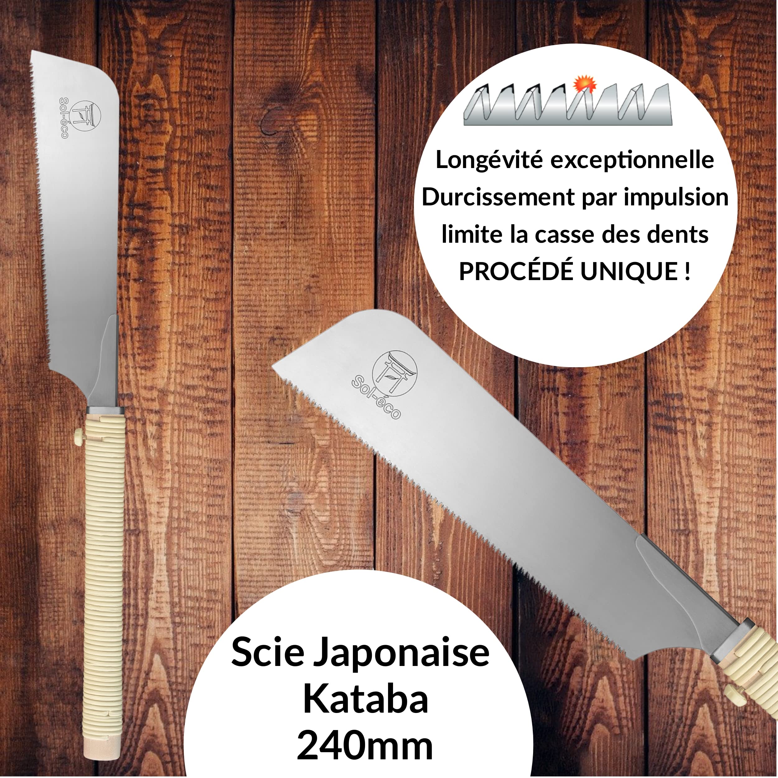 (Sol-éco) Sierra Japonesa KATABA Proton Power Ibarame 240 - Fab. Japón | Sierra de mano para madera - Hoja fina con barra corta para corte pasante - Ebanistería, carpintería in situ - Mango de ratán