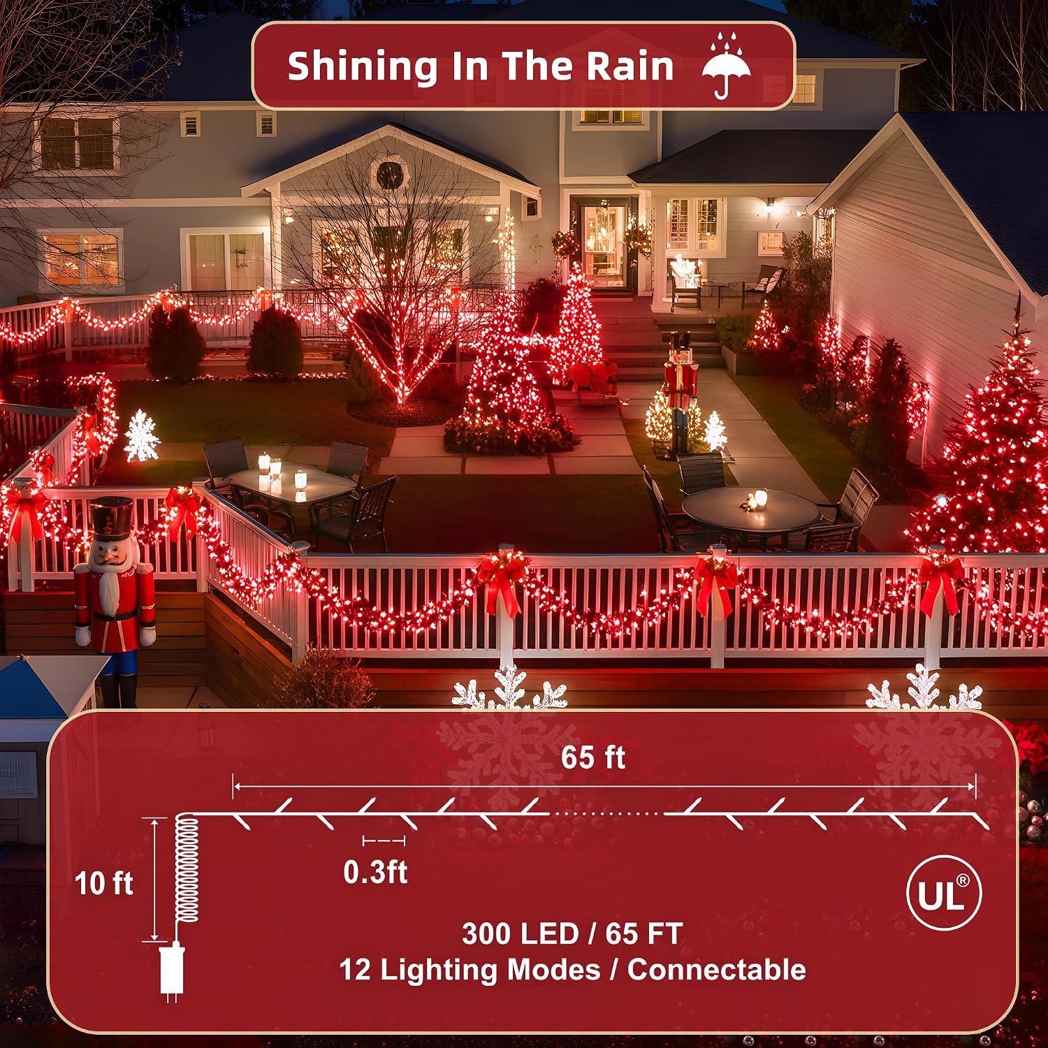 300LED 75FT Valentines Lights Indoor, LED Valentines Decoration Lights with 12 Modes & Timer Memory, Dimmable Plug in Waterproof LED Xmas Light for Yard Trees Wedding Party Holiday Red