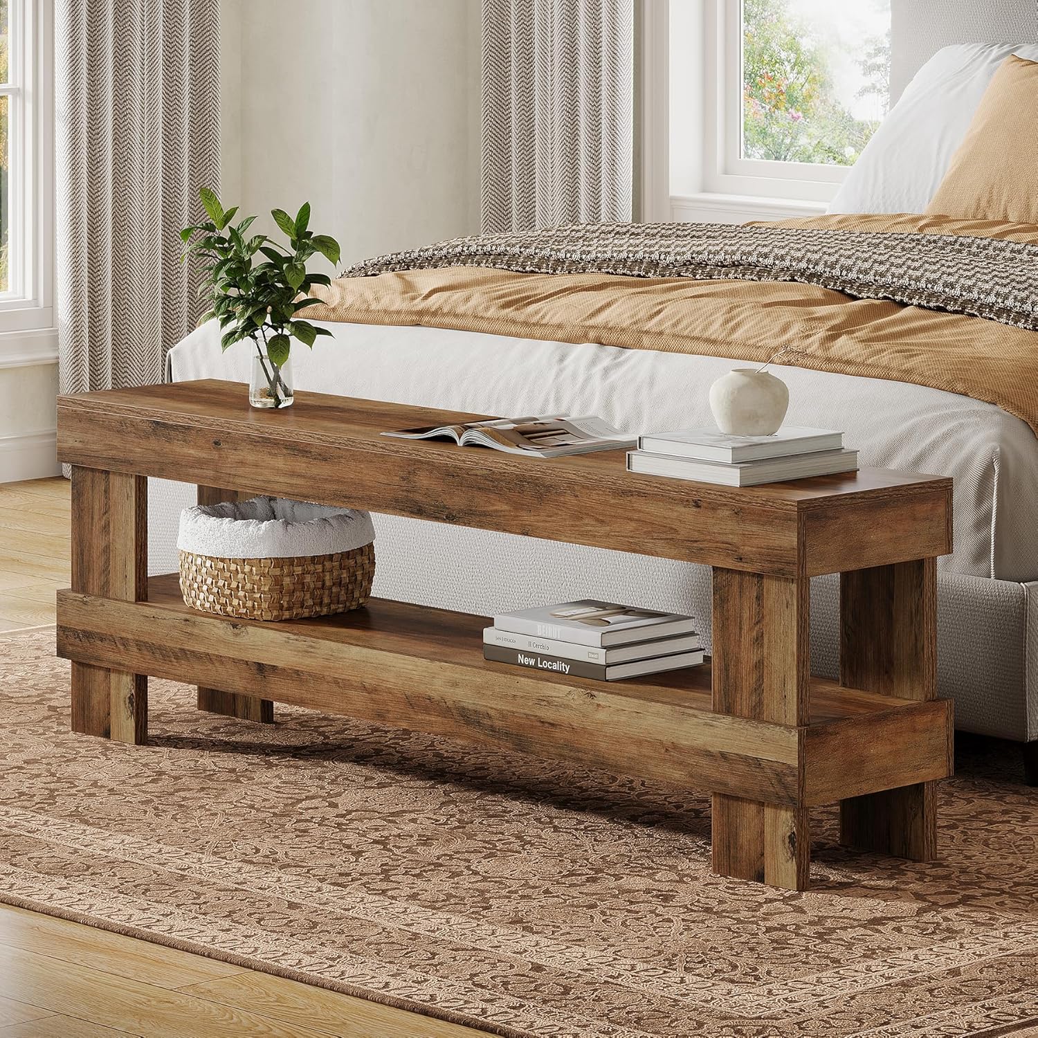 Tribesigns Farmhouse Entryway Bench, 59-Inch Long Shoe Bench Seat with Open Storage Shelf, 2-Tier Narrow End of Bed Benches for Bedroom, Entryway, Hallway, Indoor, Living Room (Rustic Brown)
