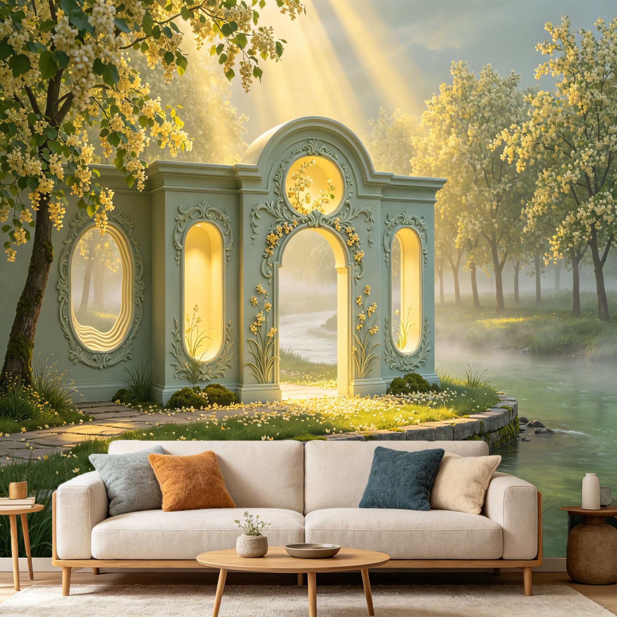 Custom Size Wall Mural， 3D Neoclassical Garden Archway Misty Lake Landscape， SelfAdhesive Art Prints wall Fabric Removable Large Wallpaper Home Living Room Decor