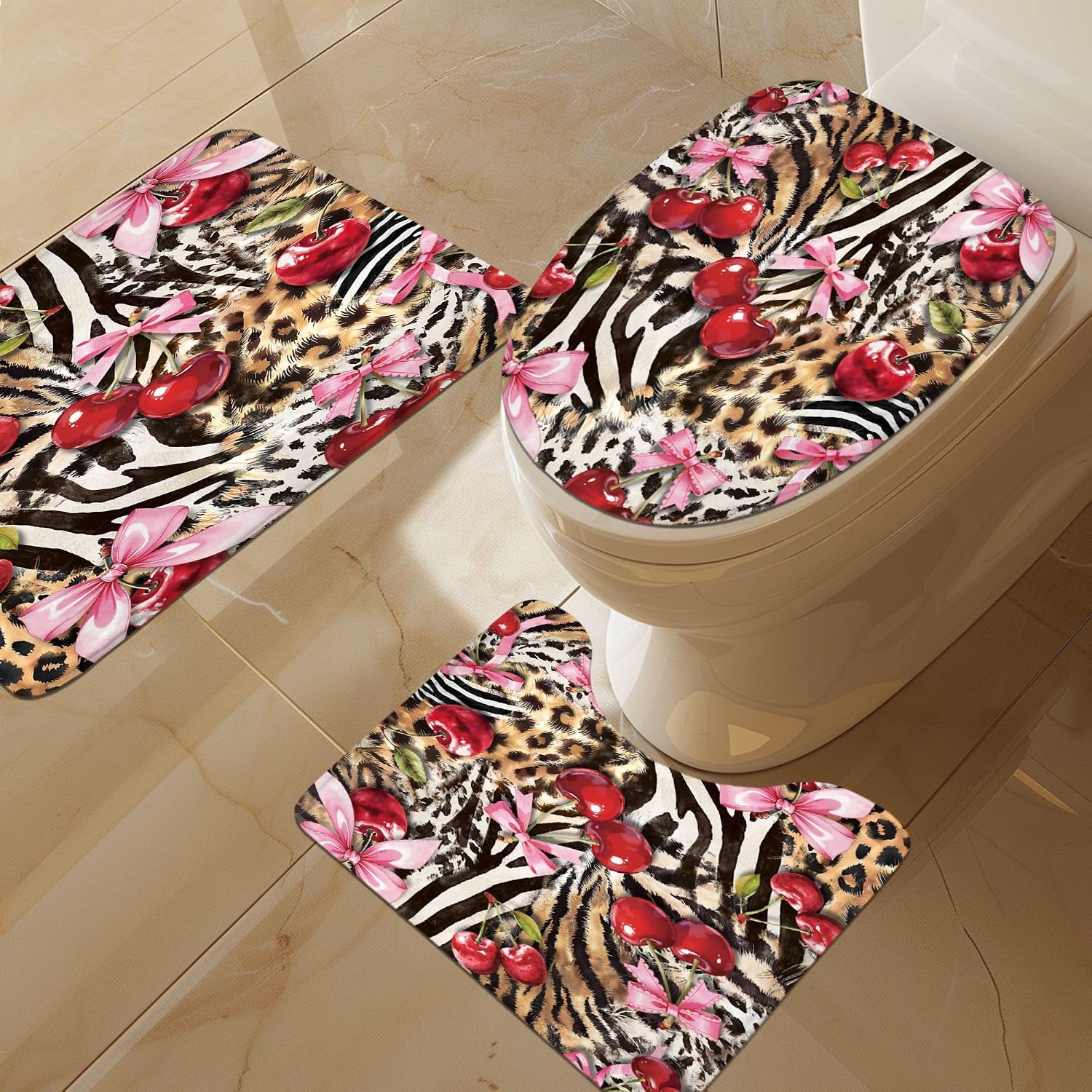 Cherry Bow Shower Curtain Set 4Pcs Leopard Zebra Bathroom Set with Rugs image 3