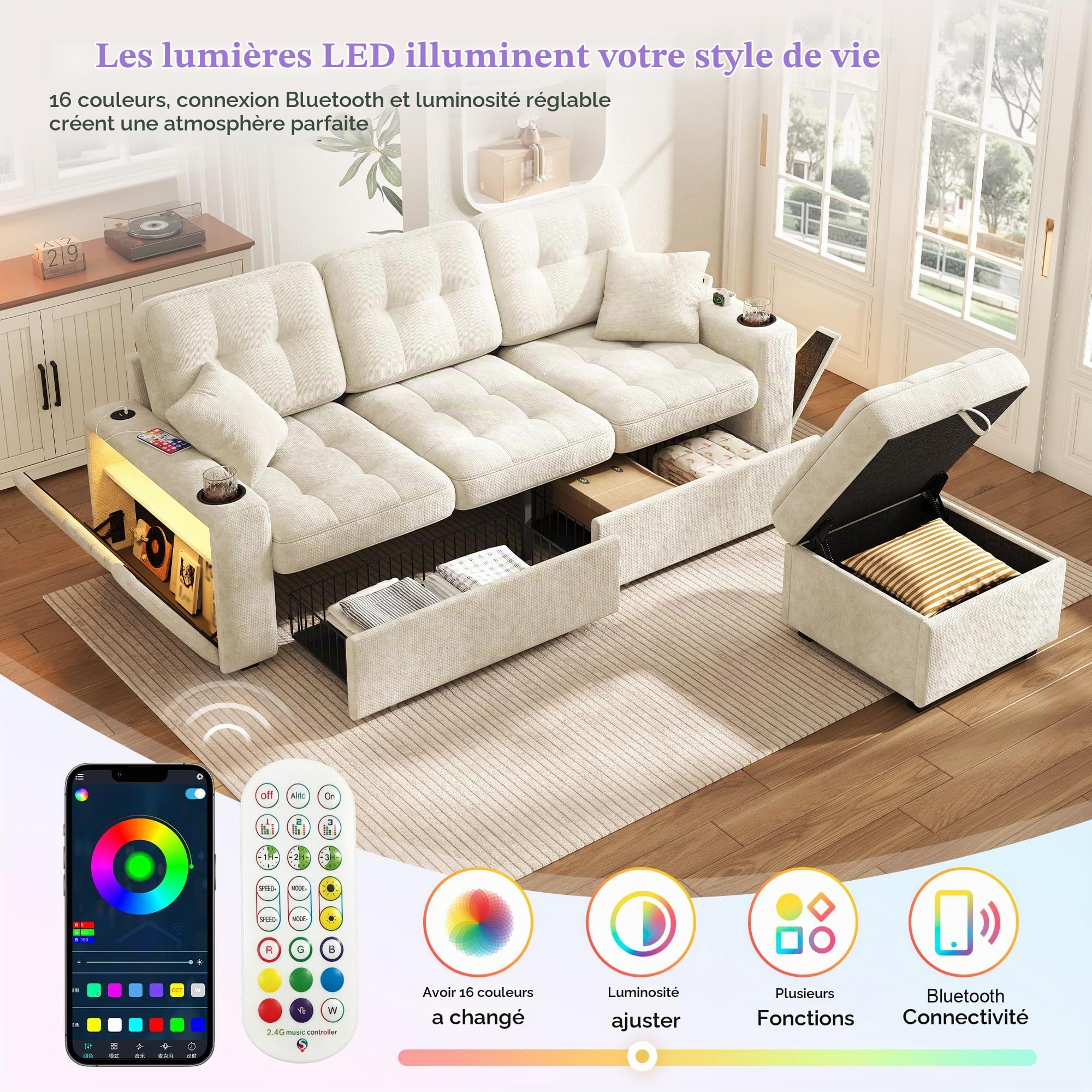 Canapé Convertible 3 Places en L avec LED et USB C et Porte-Gobelet, Canapé d'angle en Chenille avec 2 Tiroirs et Pouf Rangement, Canapé Modulable avec Compartiments latéraux au Salon Appt, Beige