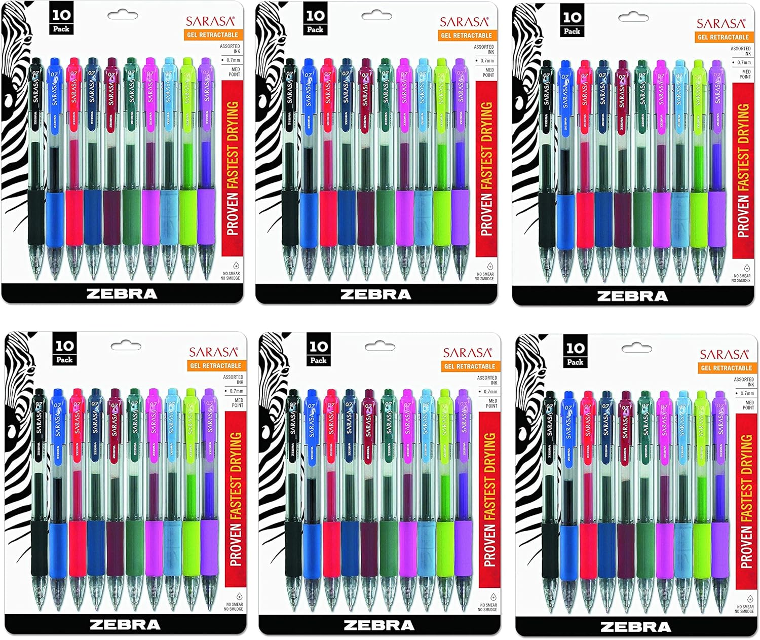 Zebra Sarasa Retractable Gel Ink Pens, Medium Point 0.7mm, Assorted Color Rapid Dry Ink, Sold as 6 Pack, 60 Count Total