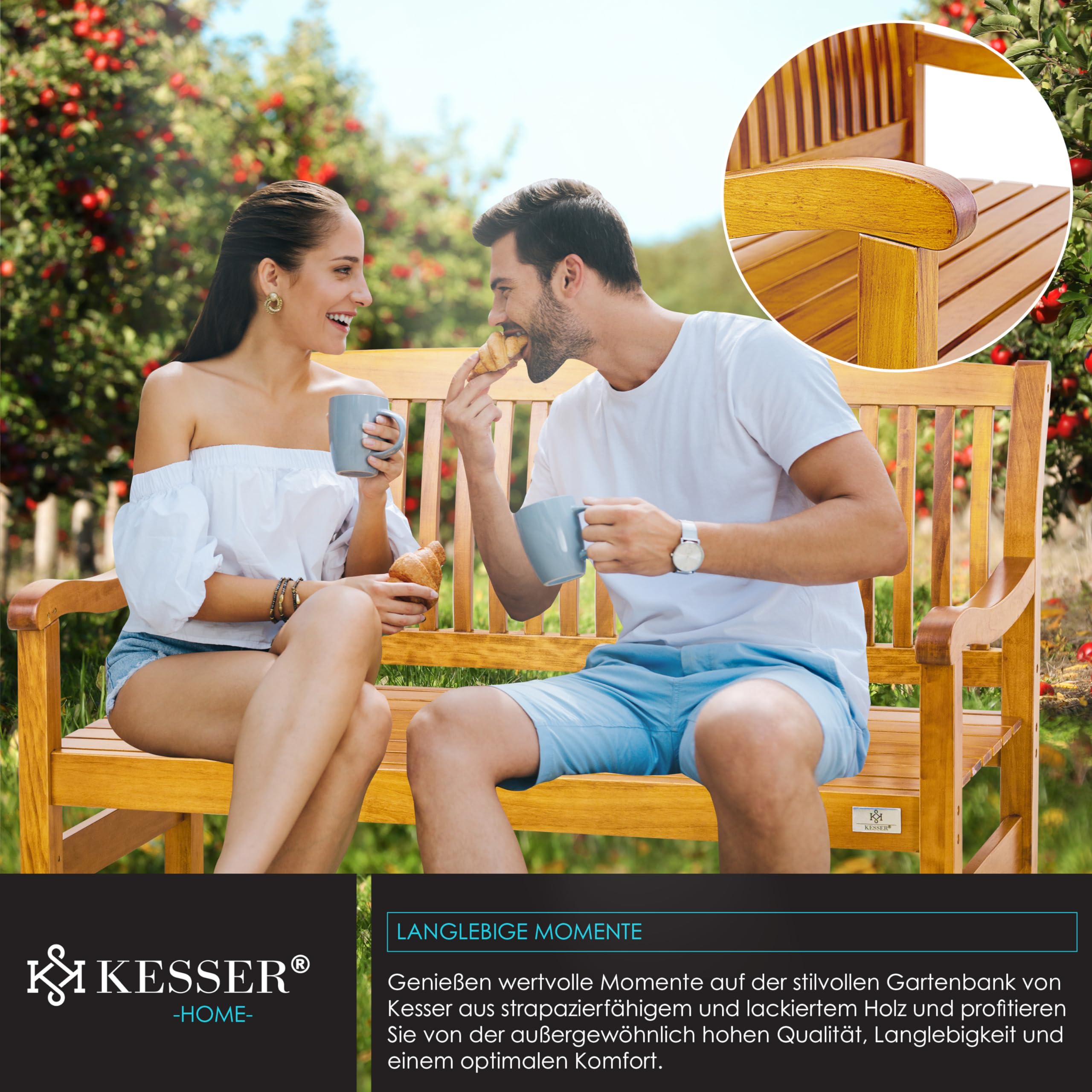 KESSER® Banco de Jardín de Madera Resistente a la Intemperie | 225 kg para 2-3 Personas | Banco de Parque de Madera Maciza | Asiento 125 cm | Balcón, Terraza y Jardín Incluye Cubierta Marrón Claro
