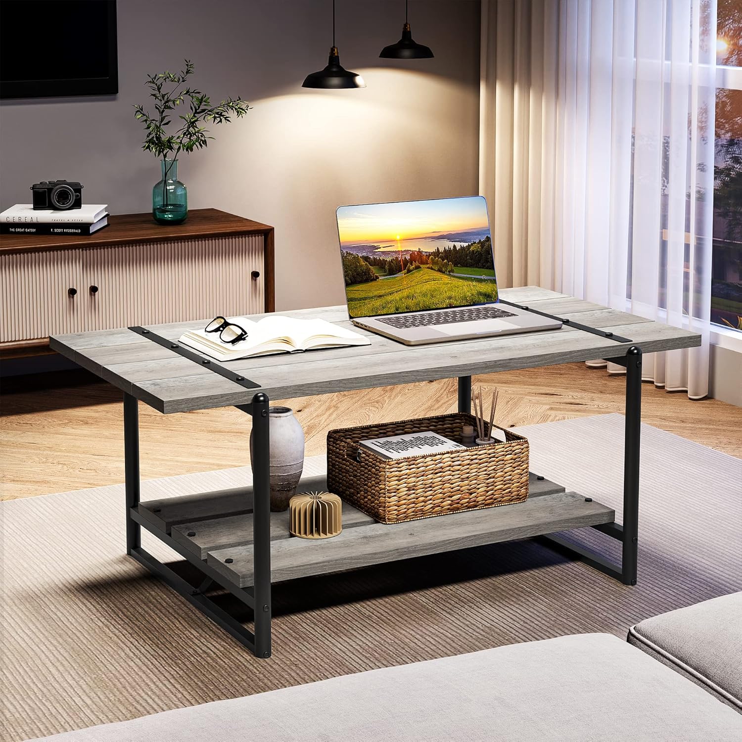 TrailBlaze Coffee Table, 2-Tier Living Room Tables Sofa Table with Storage Space, Industrial Style, Metal Frame, Small Center Table for Living Room Home Office 104 x 60 x 45 cm (Grey)
