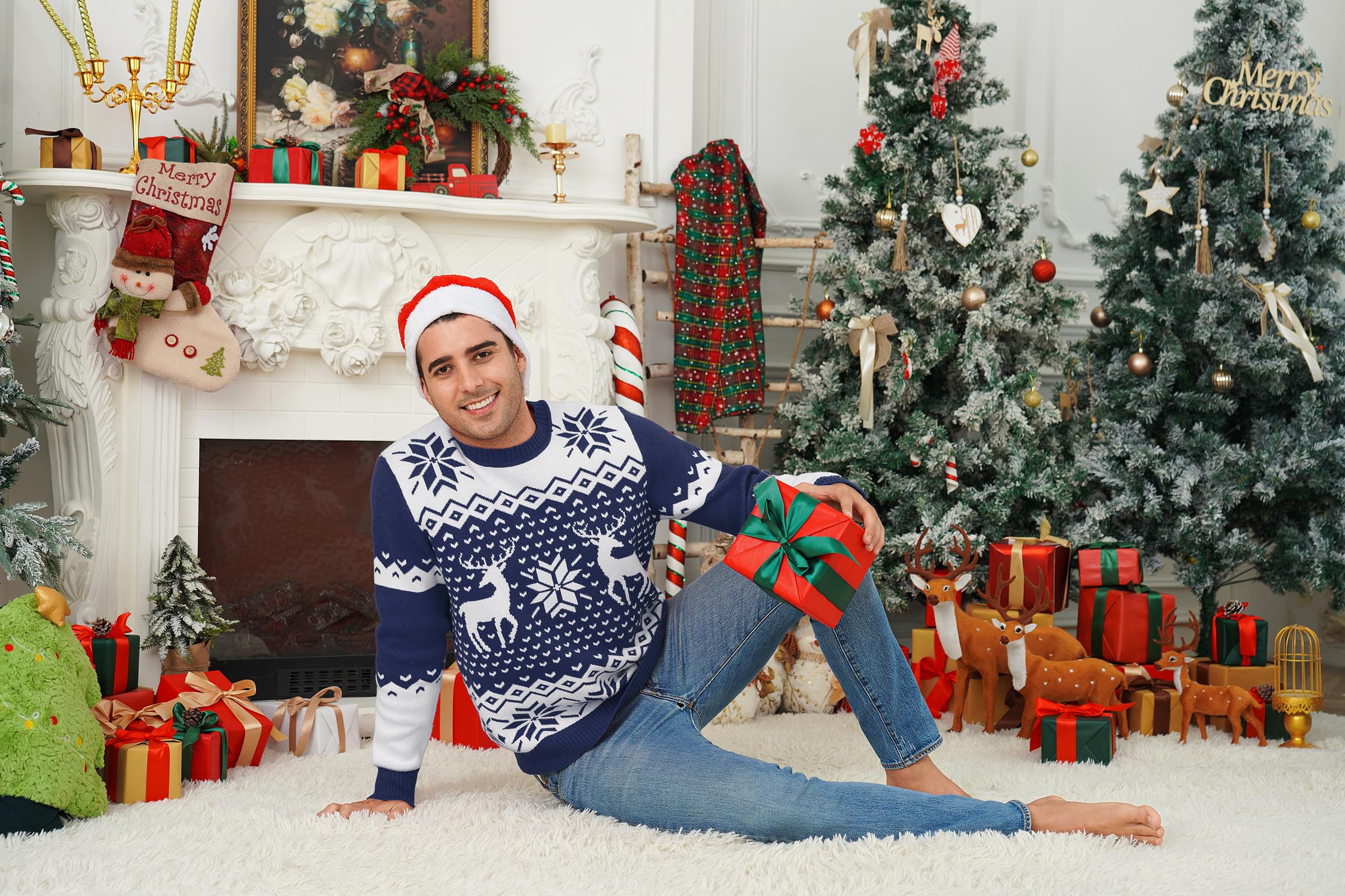 Demegimi Maglioni Natalizi Pullover Natale Maglietta a Manica Lunga Uomo Maglione Natalizio Fiocco Neve Alce Girocollo Uomo a Maniche Lunghe Maglione Festa Natale