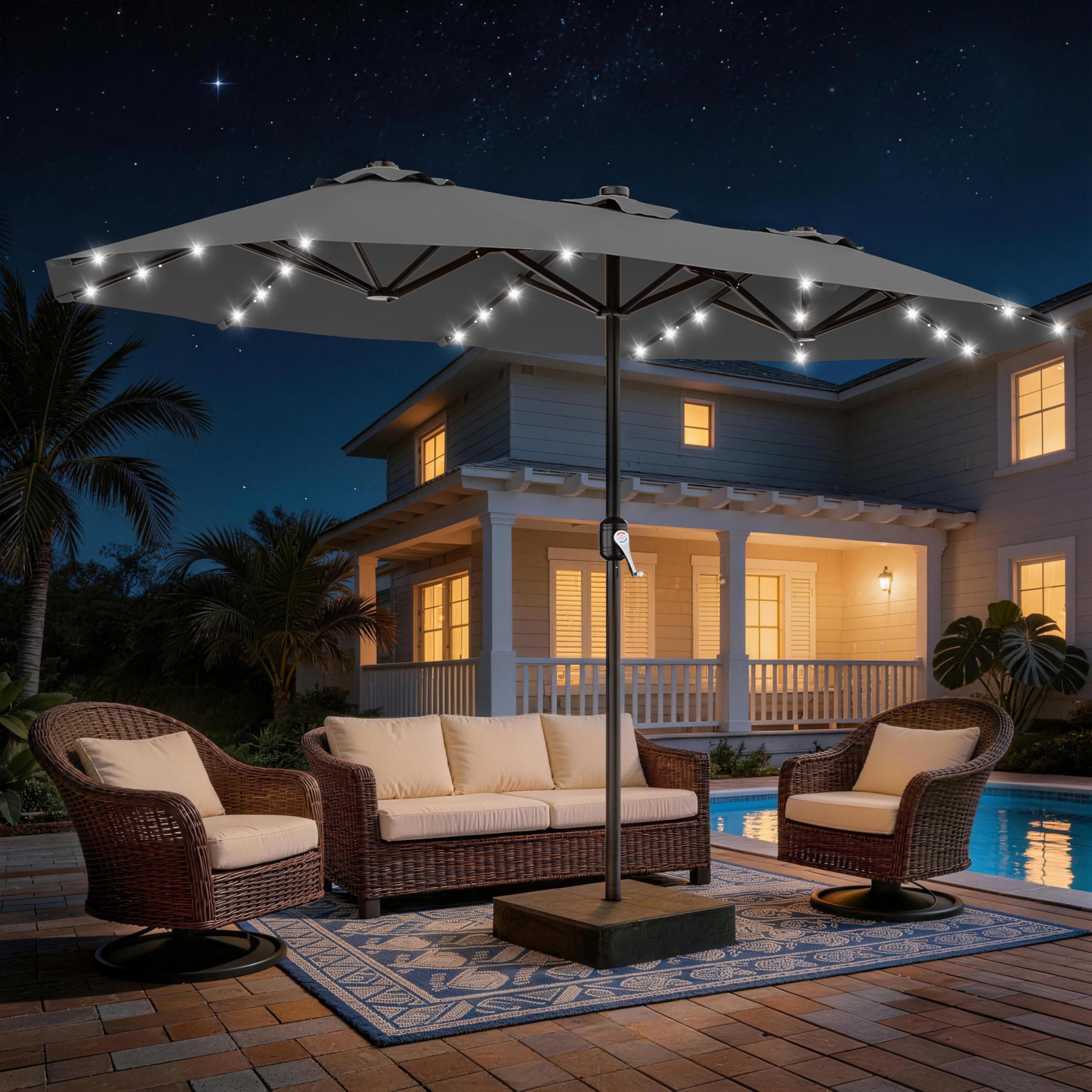 AreShark 13 FT Patio Umbrella with Solar Lights, Double-Sided Outdoor Table Umbrellas with Crank, Large Rectangular Market Umbrella for Porch, Lawn, Pool, Backyard, Gray : Patio, Lawn & Garden