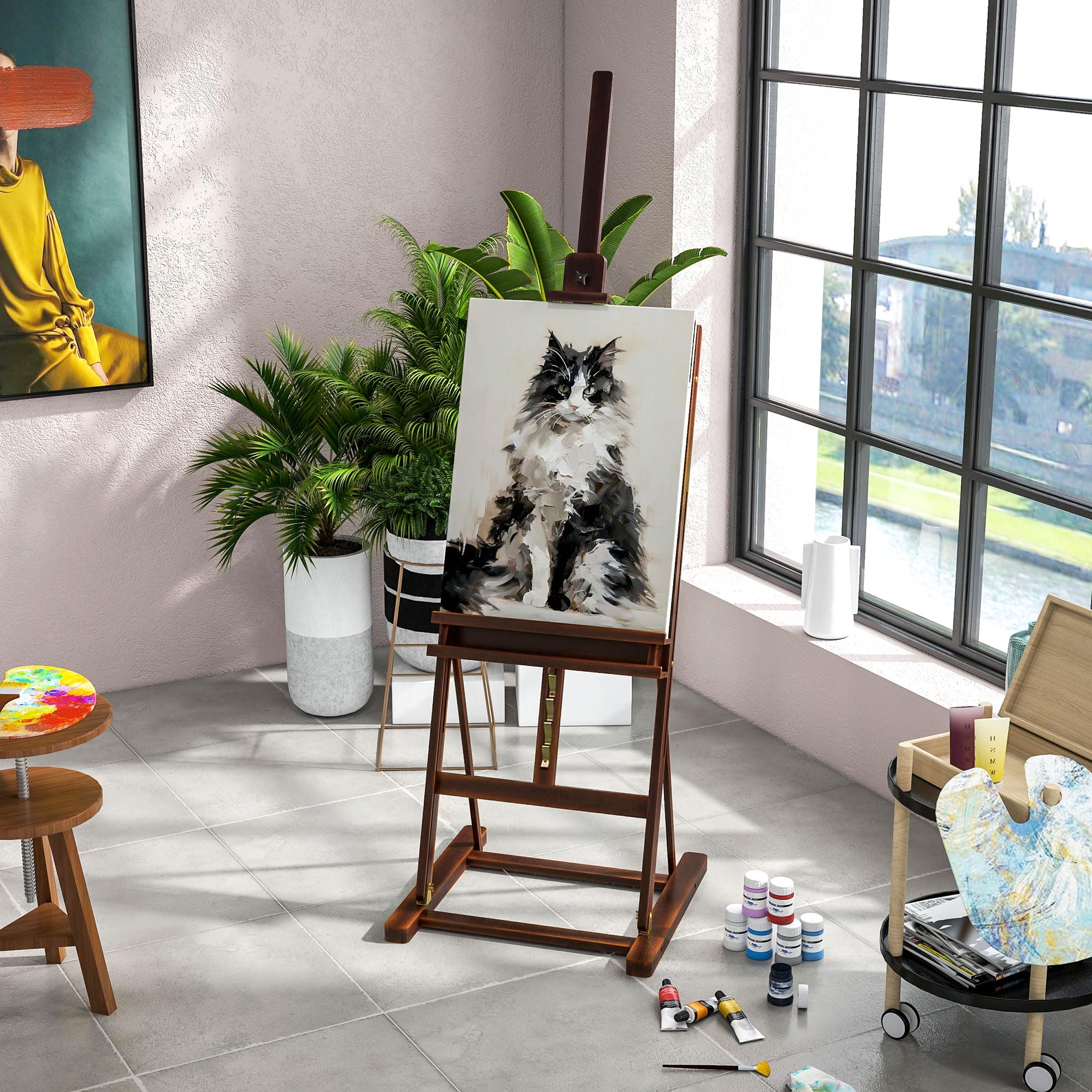 HOMCOM Caballete de Pintura con Altura y Ángulo Ajustables 230 cm Marrón | Caballete de Madera, Almacenamiento, para Adultos, Artistas, Pintor, Estudiantes