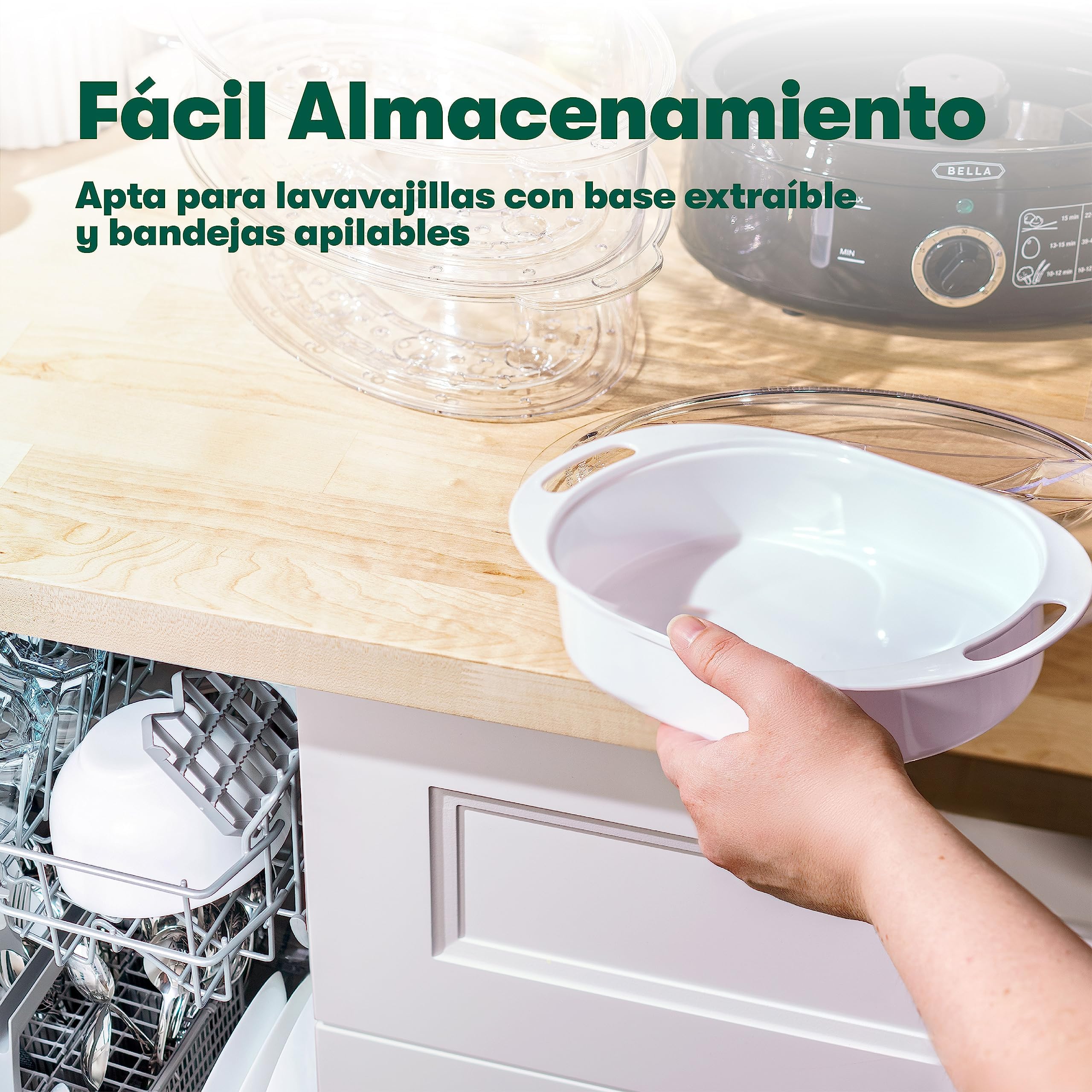 bella Vaporera de dos niveles con cestas apilables y base extraíble para una cocción rápida y simultánea. Apagado automático y protección contra ebullición en seco, 7 l, color negro.