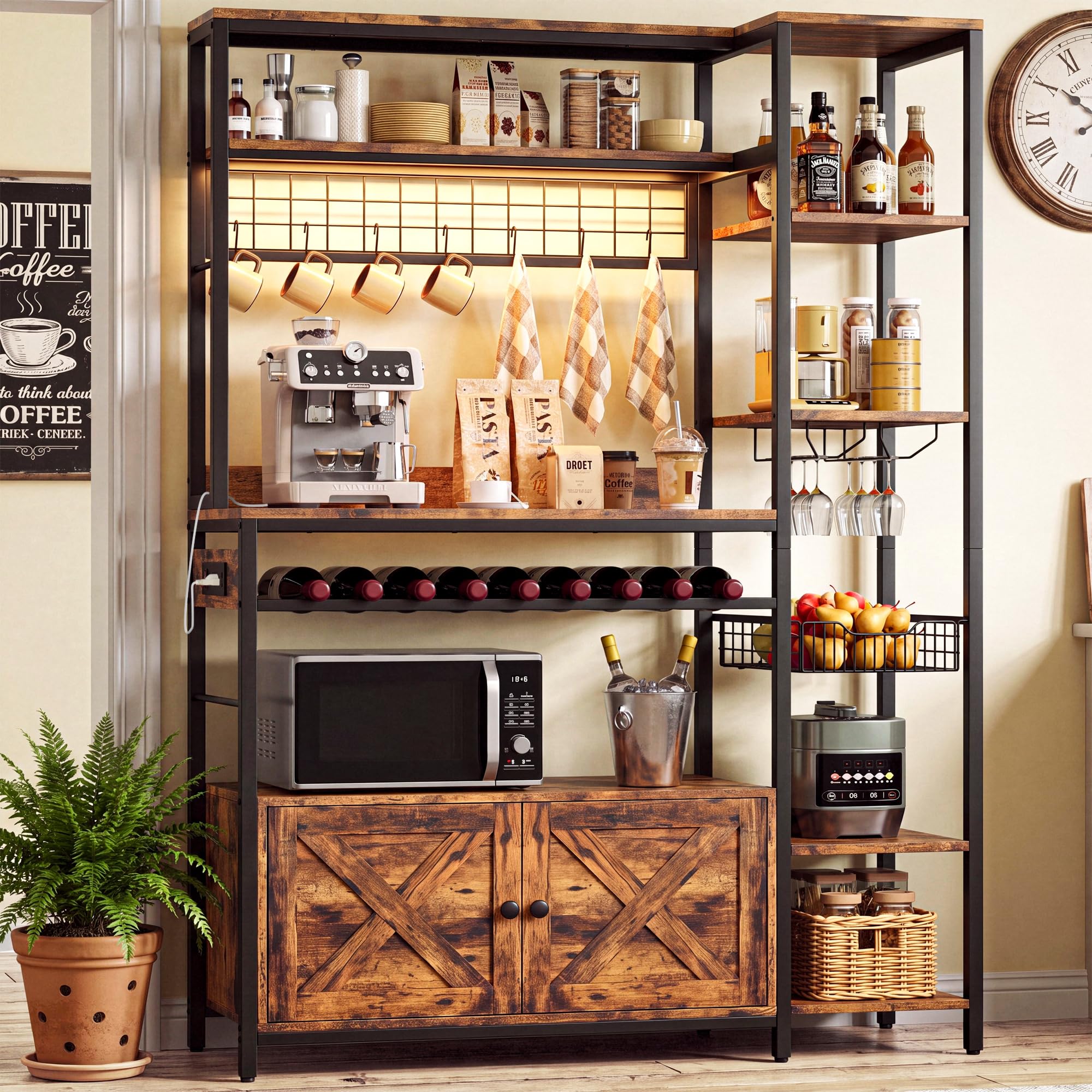 IRONCK Bakers Rack with Cabinet and LED Light, Coffee Bar Cabinet, Brown