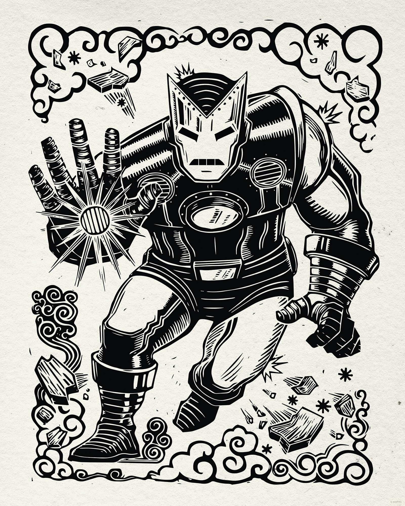 Komar Wall Picture Marvel Iron Man Lino-Cut - Size 40 x 50 cm - Children's Room Wall Decoration