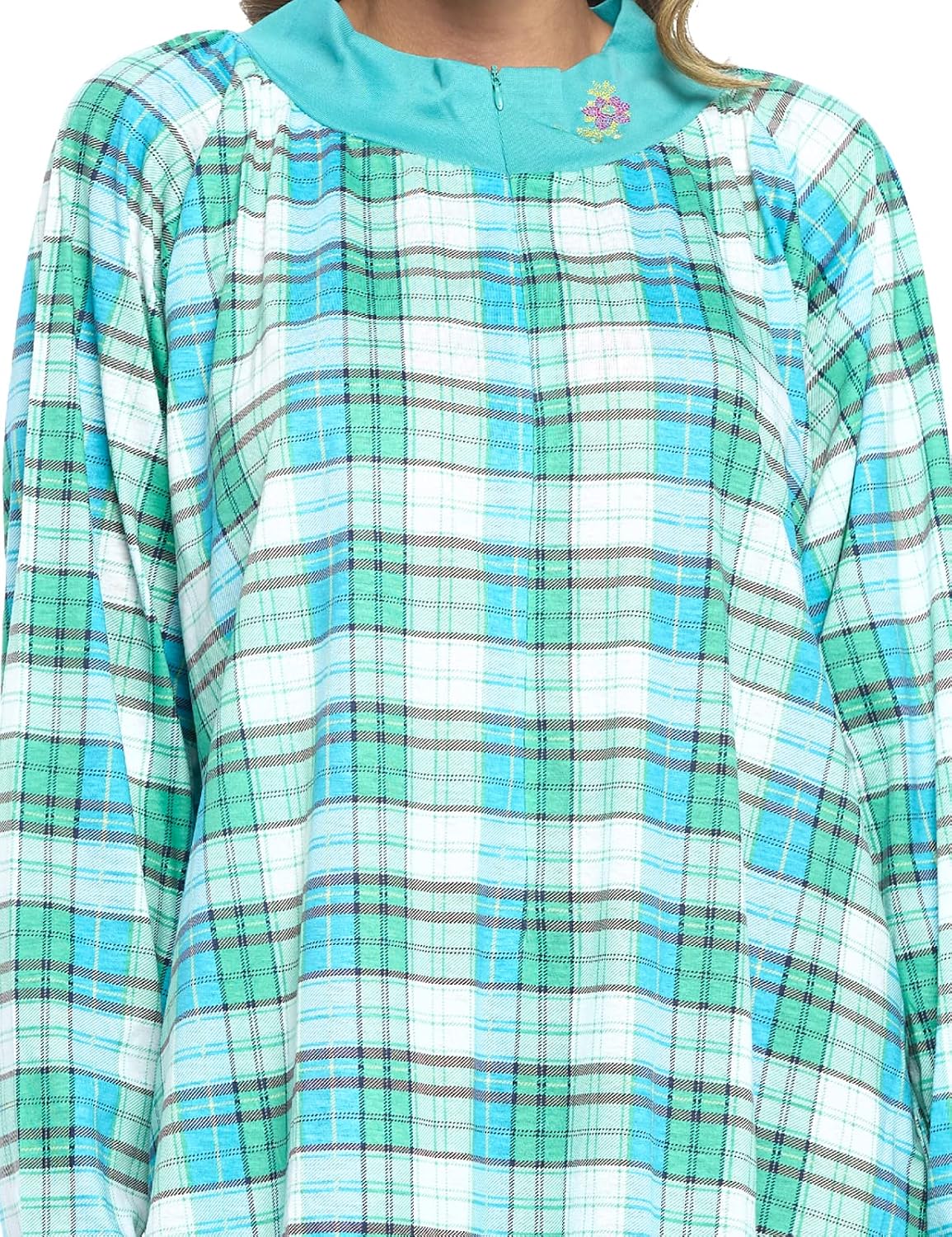 Casual Nights Women's Plaid Long Nightgown Long Sleeve Zip Up Lounger Dress