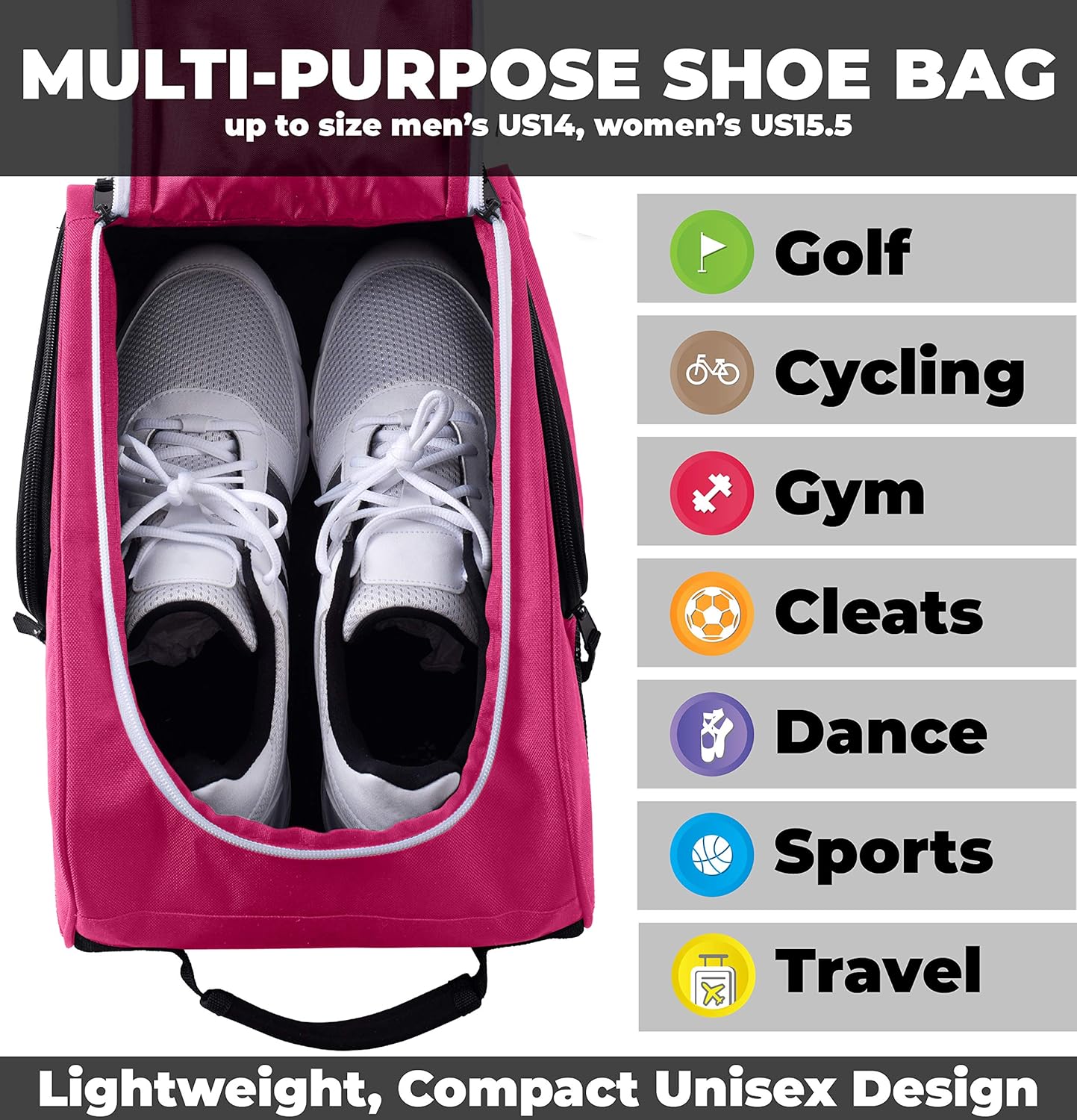 Athletico Golf Shoe Bag - Zippered Shoe Carrier Bags With Ventilation & Outside Pocket for Socks, Tees, etc. (Pink) - Image 3