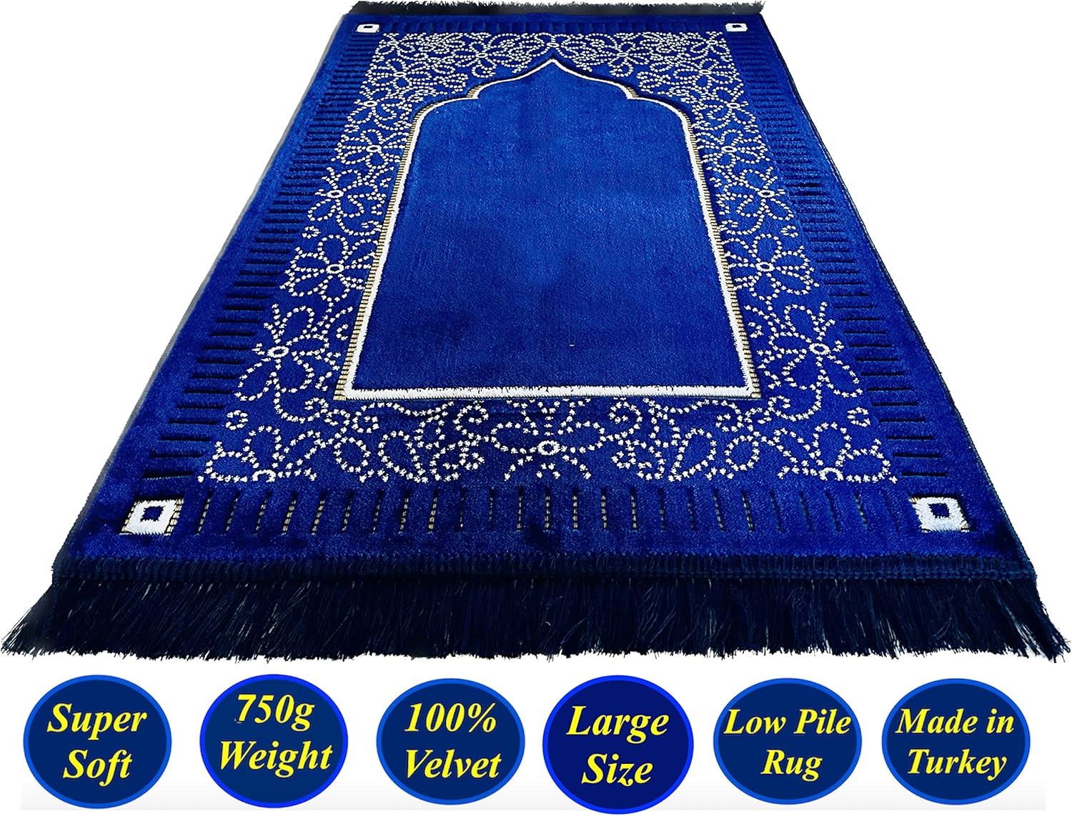 Mihrab Patterned Original Luxury Velvet Prayer Mat/Rug- 750g Weight | Made in Turkey (Navy Blue)