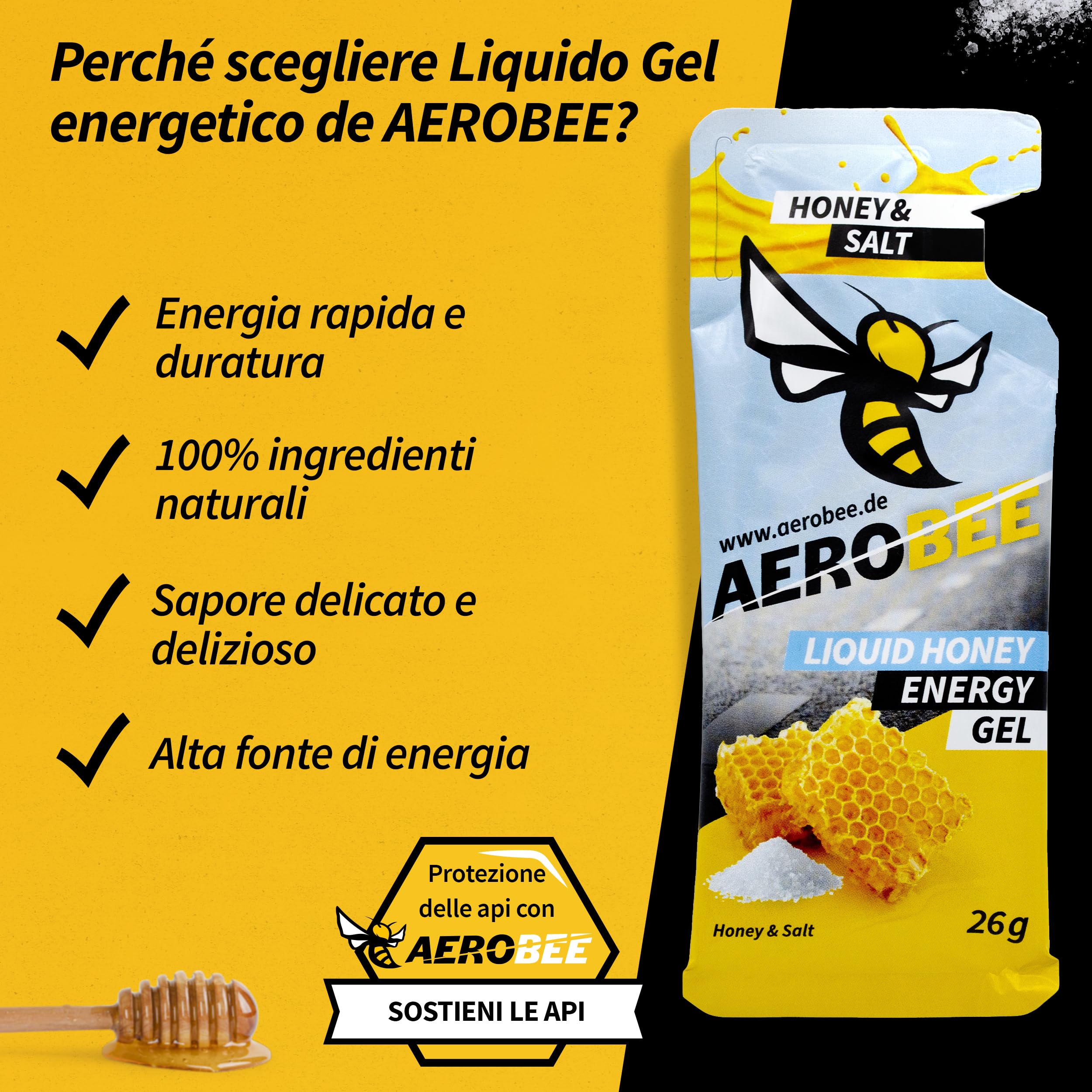 AEROBEE Gel energetico liquido - Miele & Sale 10x26g [100% energetico naturale al miele] delizioso gel sportivo adatto per sport di resistenza e corsa, con carboidrati