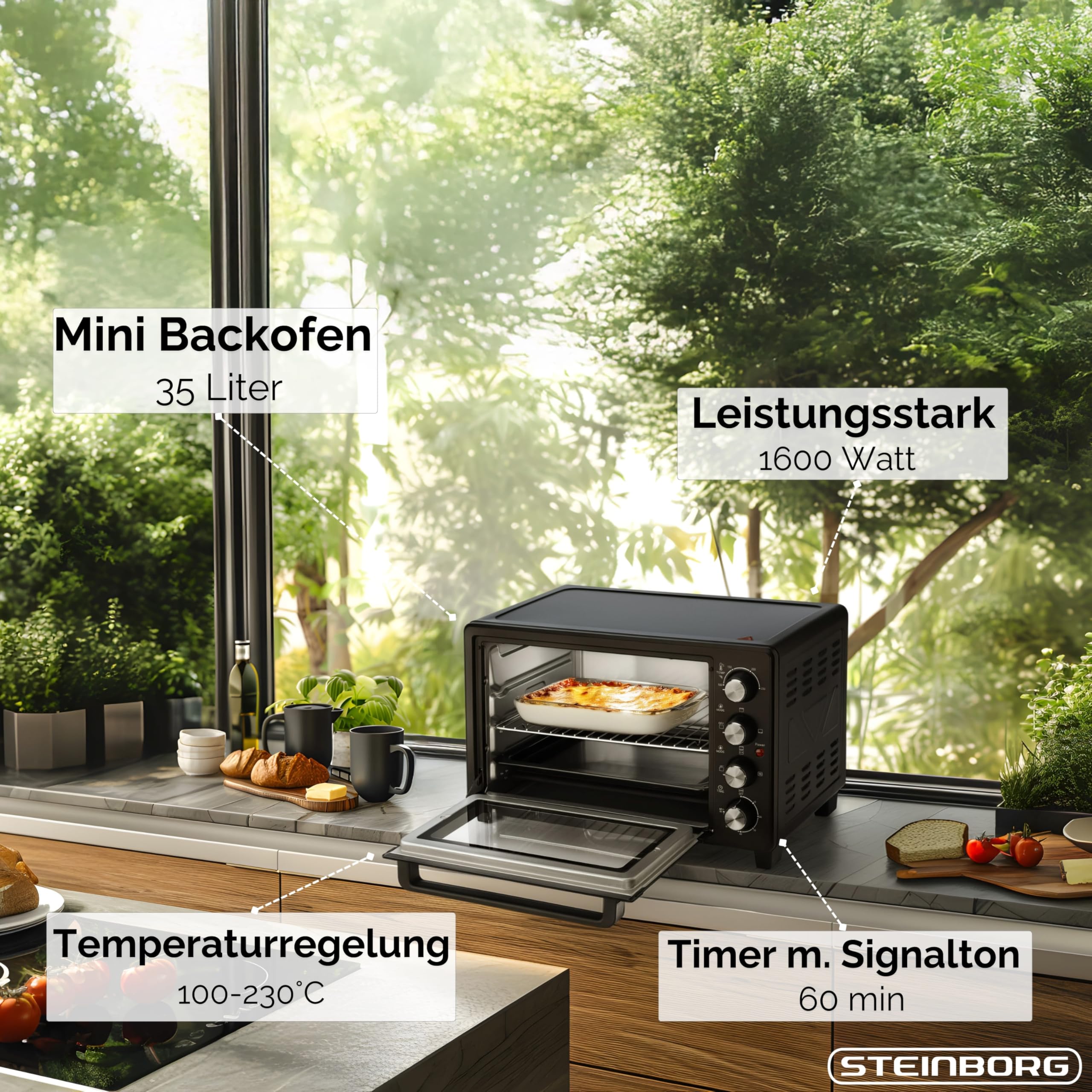 Steinborg® 35 Liter Mini Backofen mit Umluft & Drehspieß Krümelblech Ober- und Unterhitze 1.600 Watt Miniofen mit Timer kleiner Backofen freistehend stufenlose Temperaturregelung bis 230°C