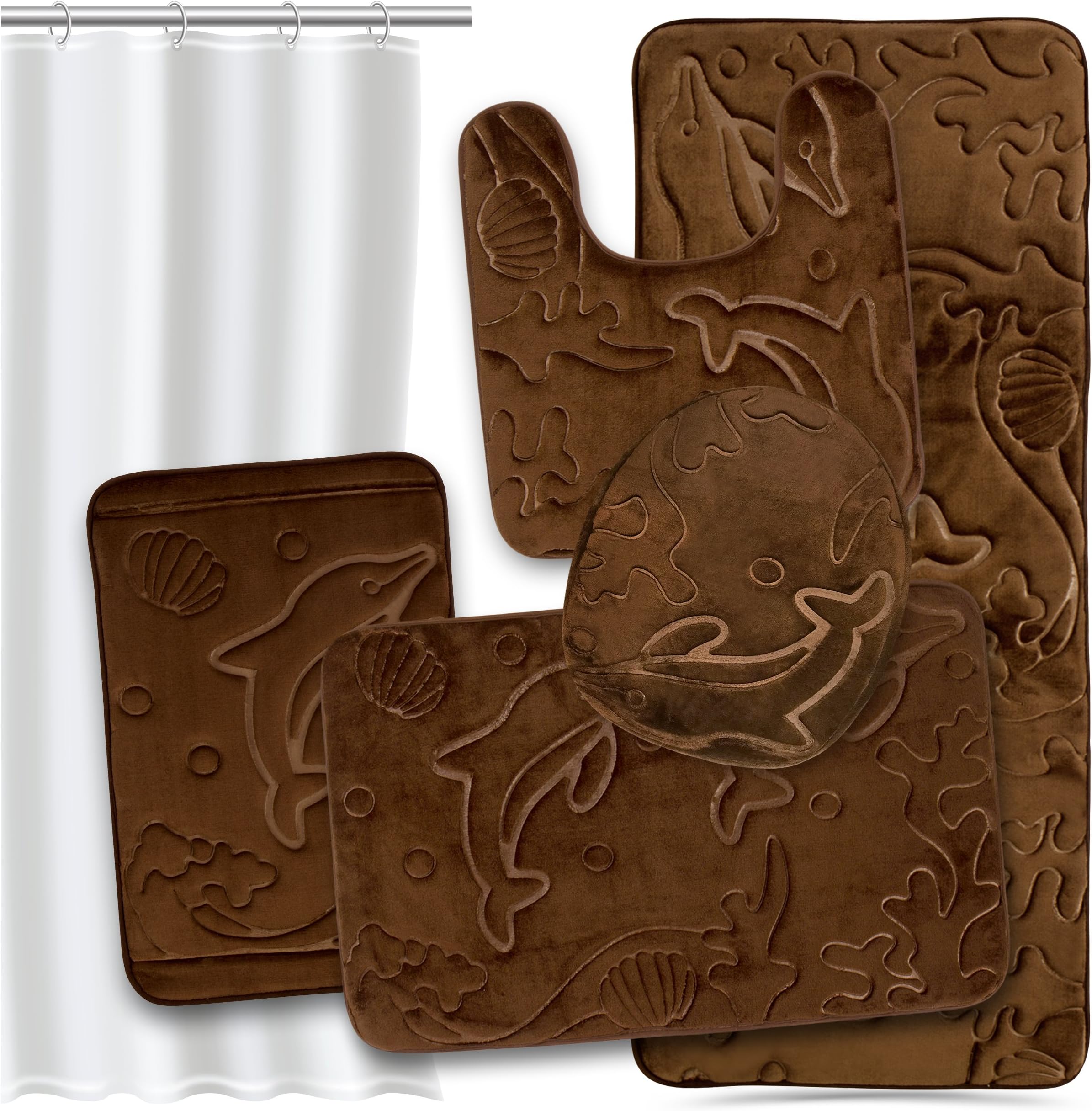 Madeals 4 Piece Bathroom Rug Set with Toilet Lid Cover and Rug Set Combo, Soft Shaggy Bath Rug Set 3 Piece and U-Shaped Toilet Floor Rug Brown