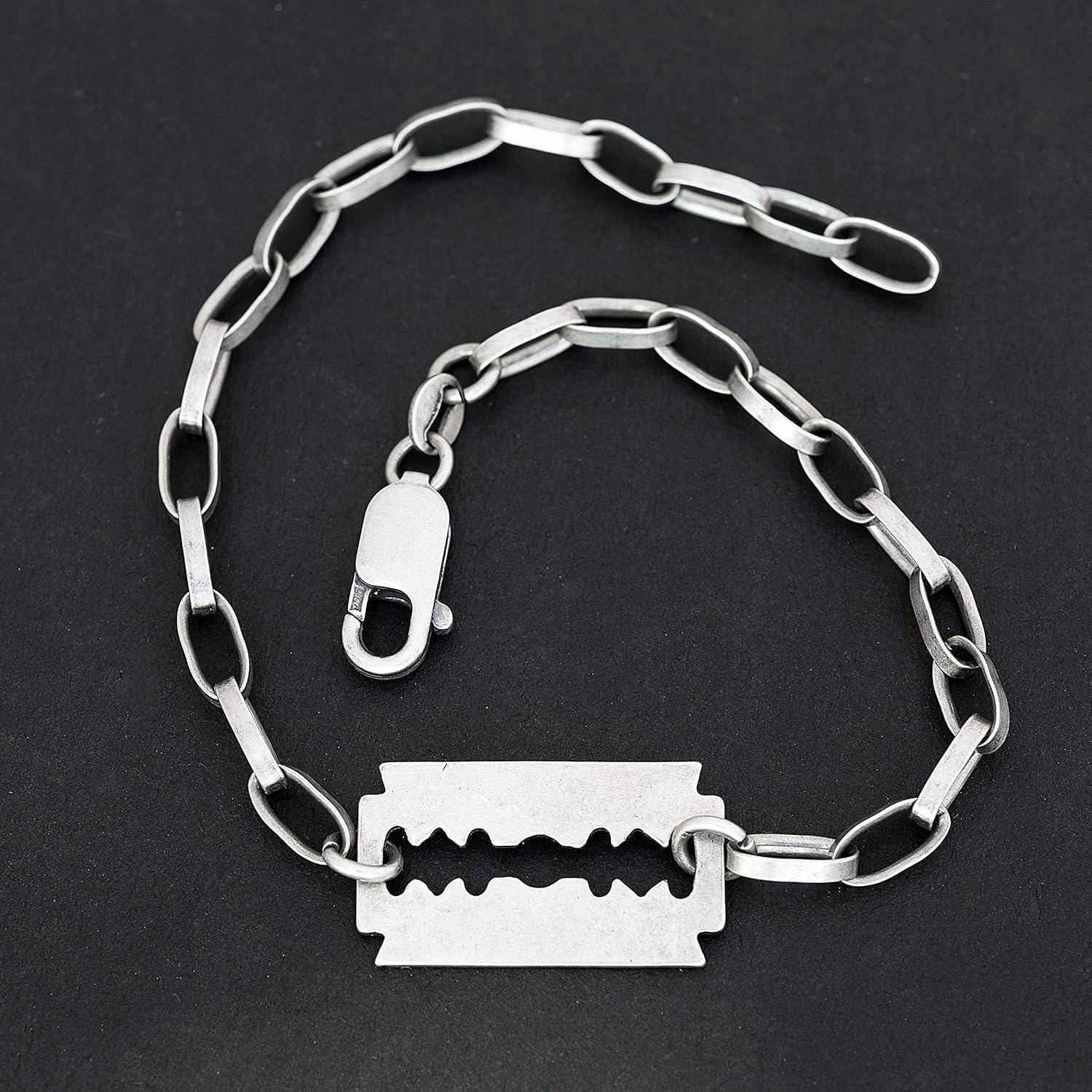 Men's Chain Bracelet Featuring Bold Razor Blade Crafted from Oxidized Sterling Silver - Edgy Rock Statement with Velvety Dark Finish for Masculine Style - Handmade by Emmanuela