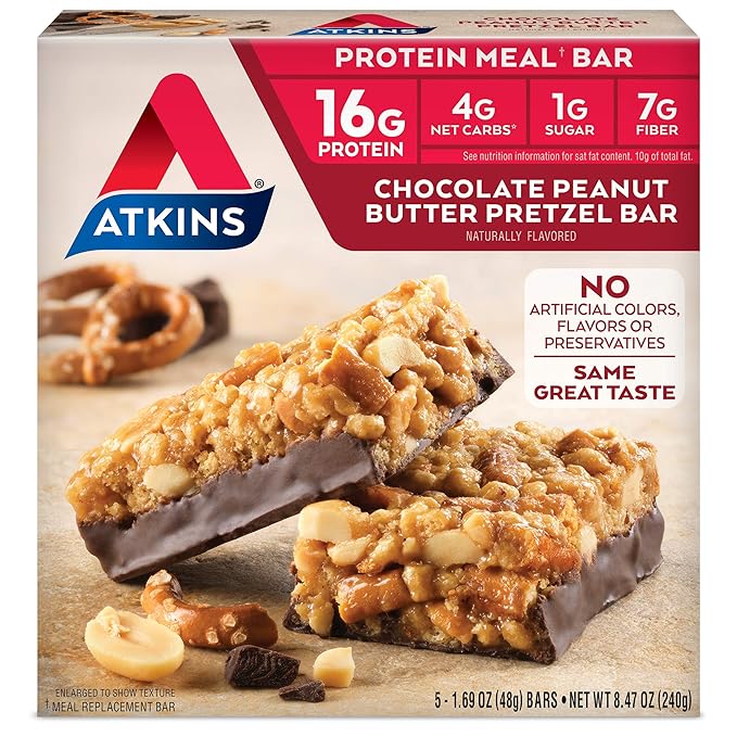 Atkins Chocolate Peanut Butter Pretzel Protein Meal Bar, High Fiber, 16g Protein, 1g