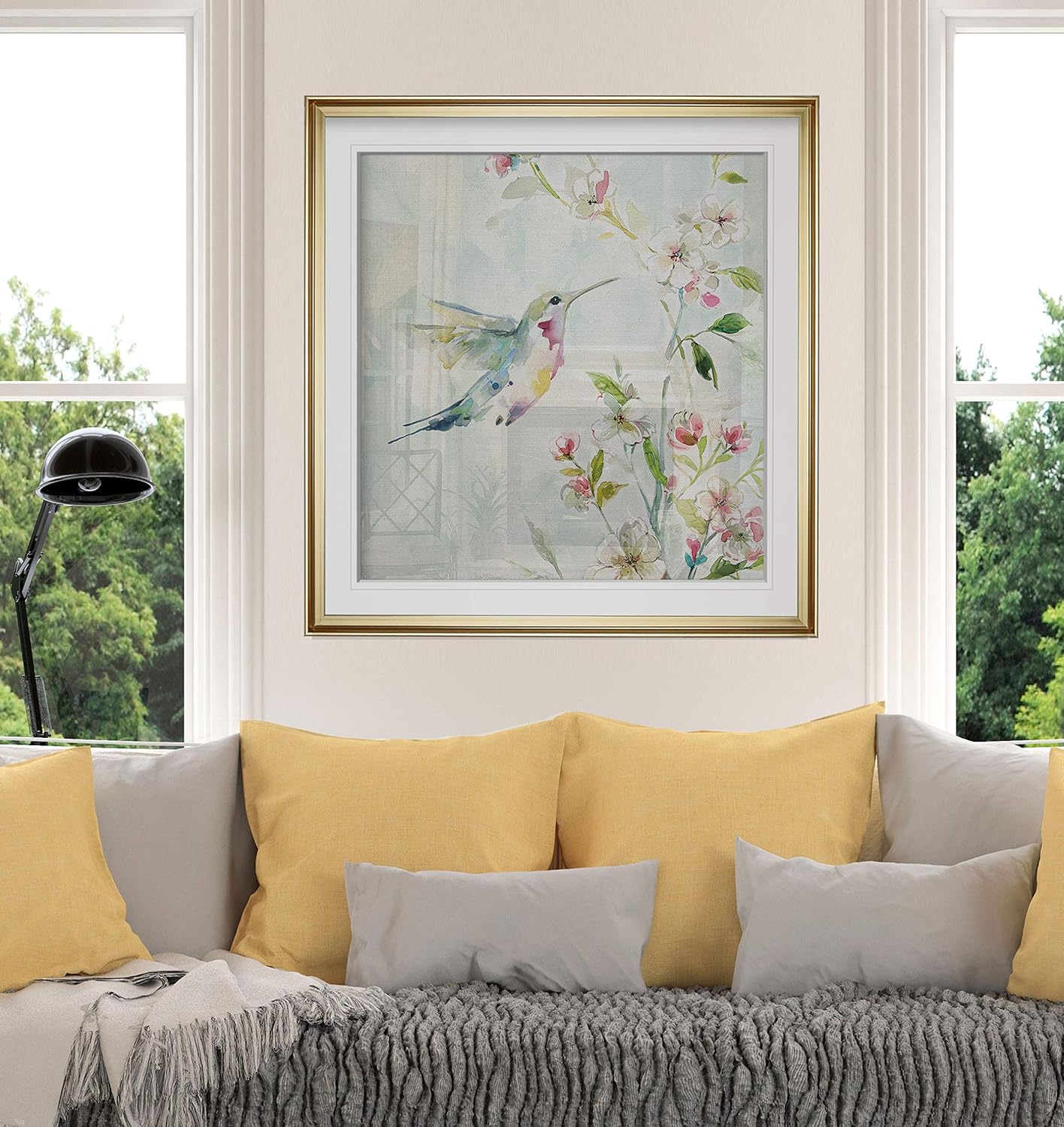 Hummingbird III Bird Framed Wall Art Colorful Animal Pictures Giclee Prints with Gold Frame Spring Wall Decor Minimalist Botanical Painting for Living Room, Bedroom, Bathroom