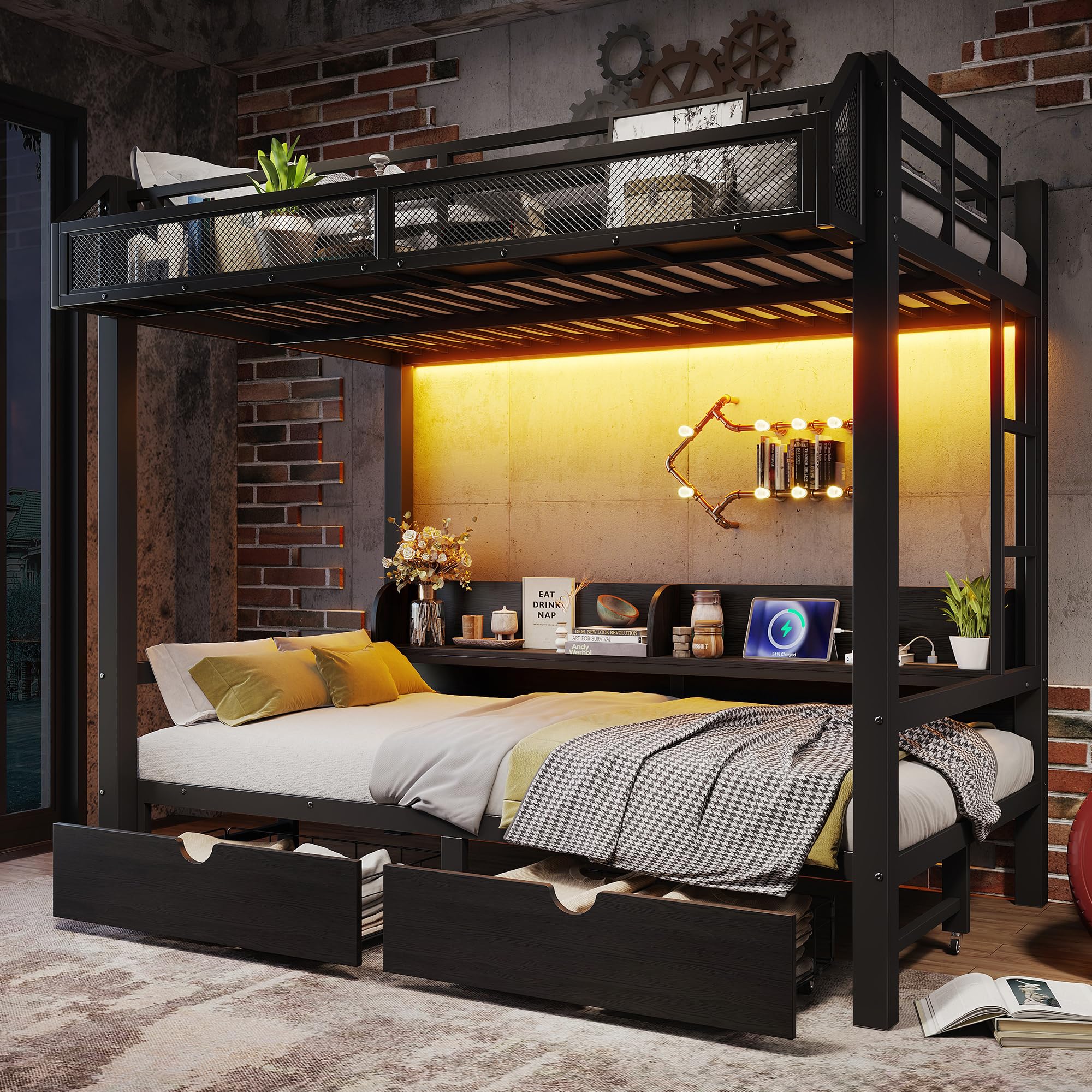 Photo 1 of Bellemave Metal Twin Over Twin Size Bunk Bed Frame with Storage Drawers and Shelves,Heavy Duty Kids Bunk Beds with LED Lights and Charging Station for Teens,Adults,Convertible into a Sofa Bed,Black