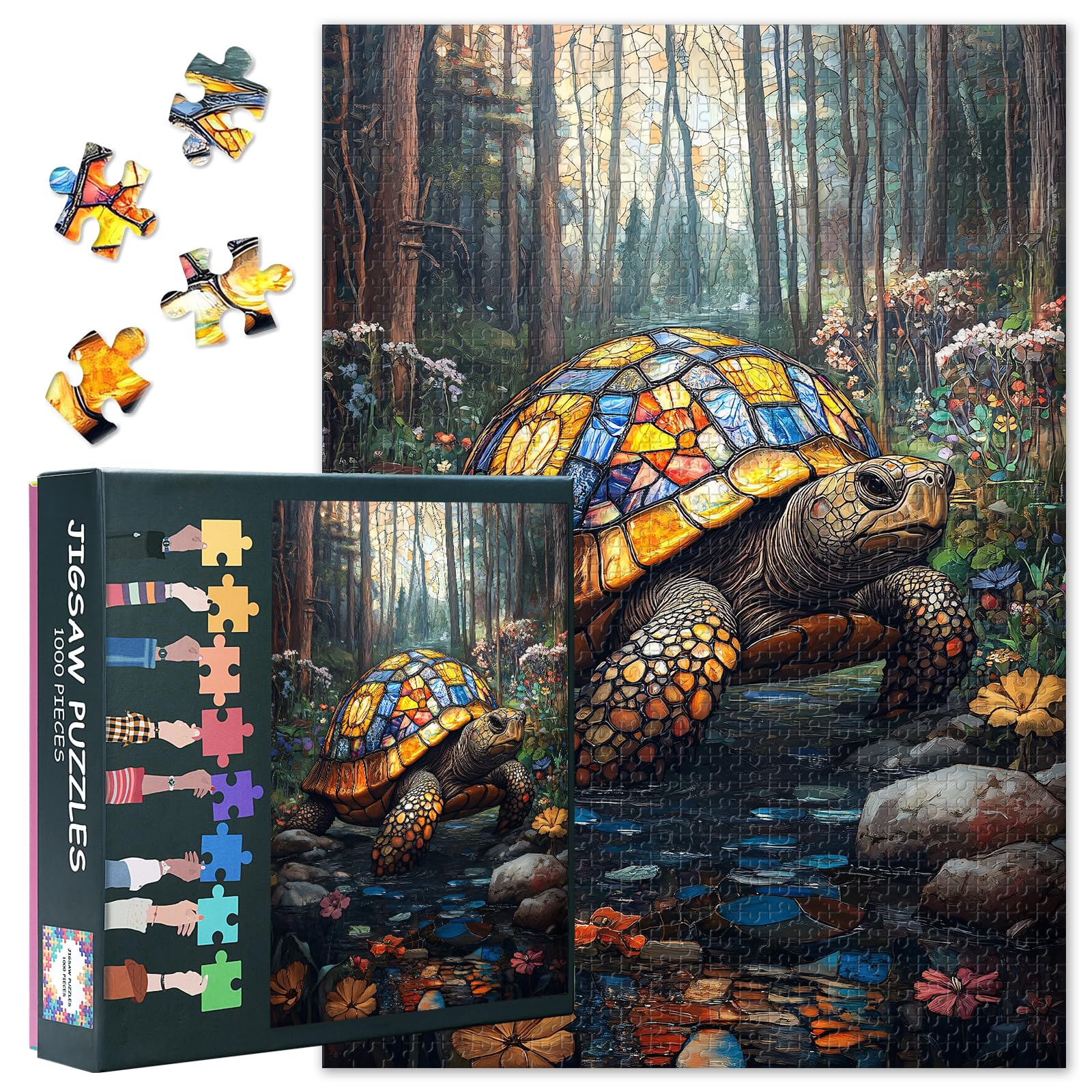 Majestic Colorful Glass Turtle - Vibrant Forest Landscape - Nature Colorful Flora - 1000 Piece Jigsaw Puzzle for Adults - Challenging Puzzle Perfect for Game Nights - Finished Size is 20x27inches