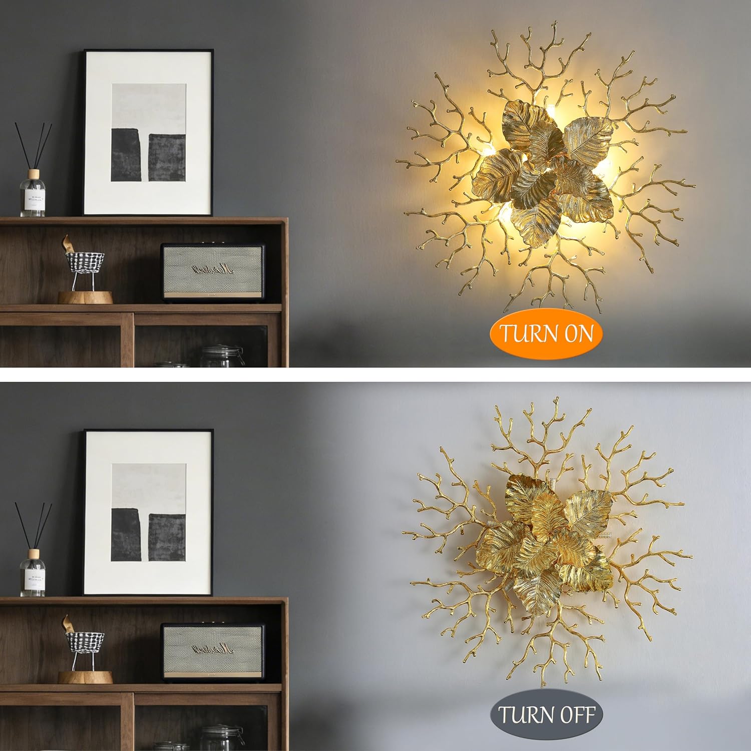 26 Inch Gold Leaf & Coral Branch Wall Sconce, 6-Light G9 Base Aluminium Wall Light, Luxury Decorative Fixture for Living Room, Bedroom & Dining Room